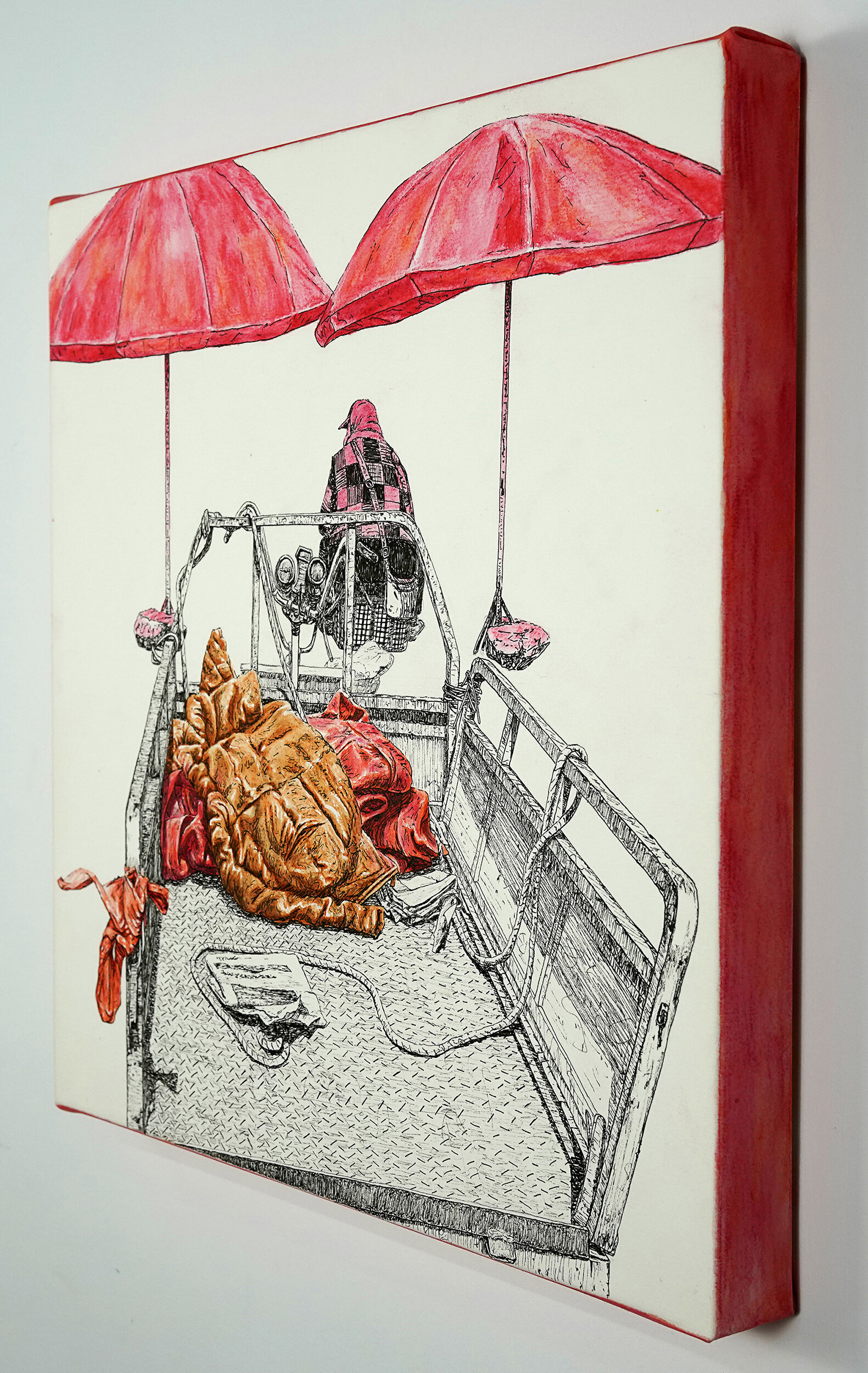   Under the Red Umbrellas  (side view) ,  2021, ink and watercolor pencil on paper, 30 x 30 cm 