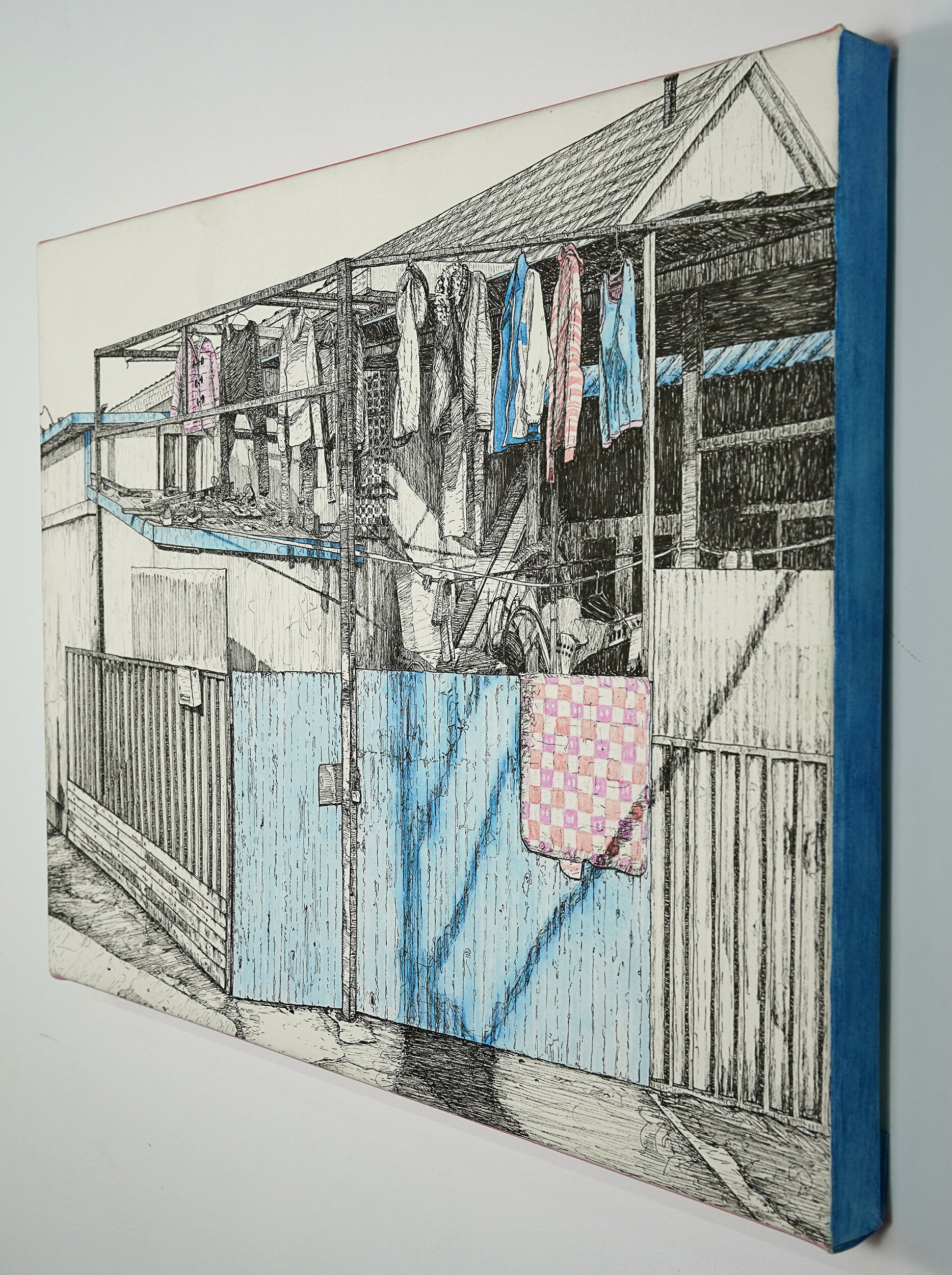   Drying Clothes  (side view), 2020, ink and watercolor pencil on paper, 30 x 40 cm 