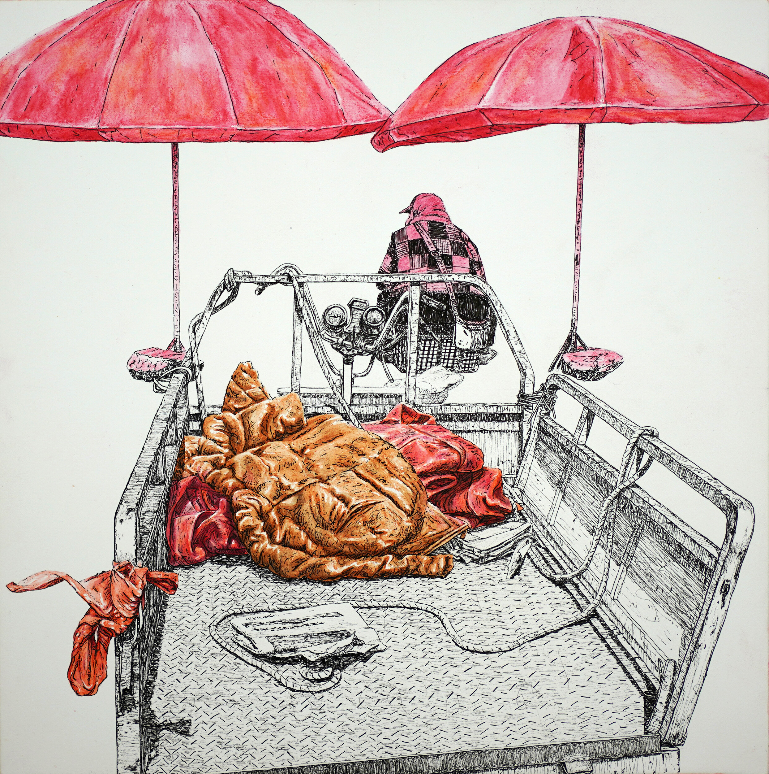   Under the Red Umbrellas , 2021, ink and watercolor pencil on paper, 30 x 30 cm 