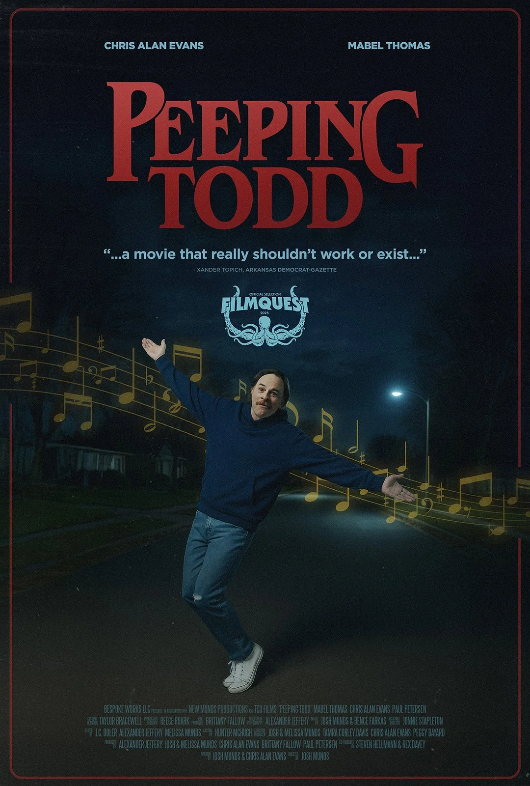Movie poster for Peeping Todd featuring a man dancing on a dark street with musical notes around him at night.
