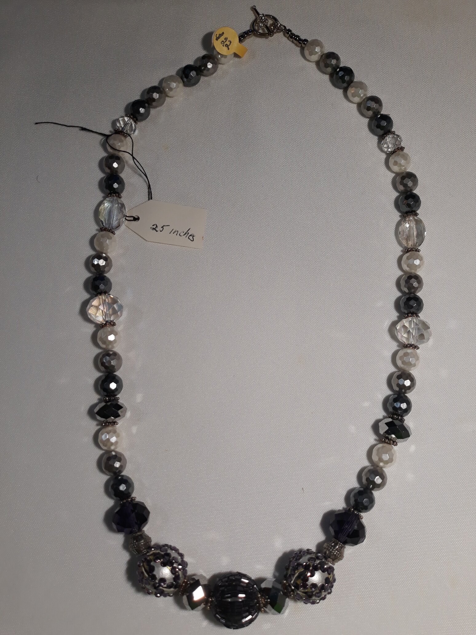 MY003 Necklace, black, white &amp; silver adorned beads
