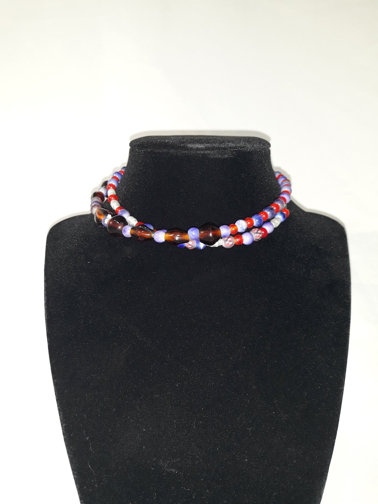 MM001 Choker Necklace, red, white &amp; blue beads