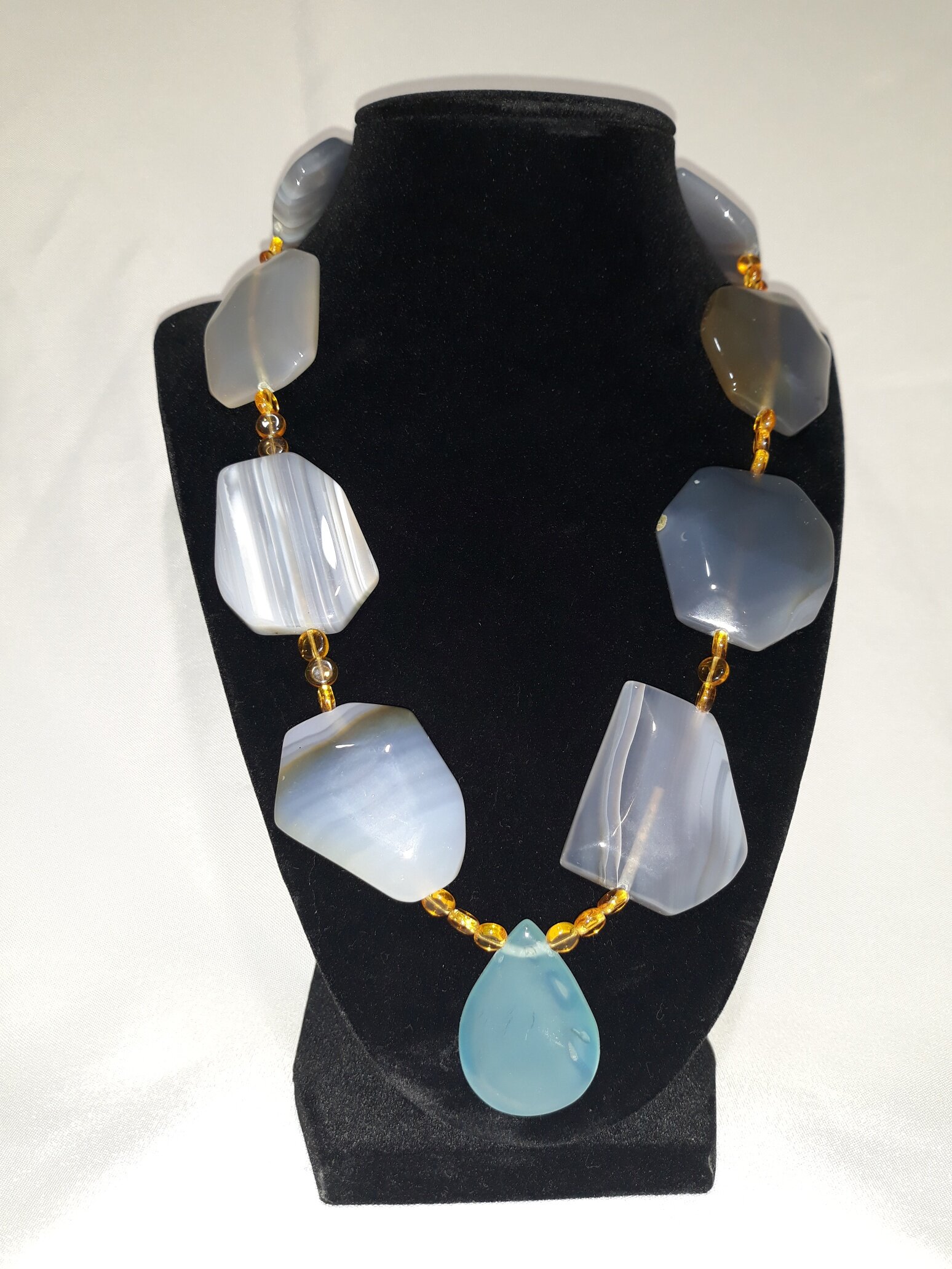 SMC001 Necklace, large grey hue stones w/ aqua tear drop pendant