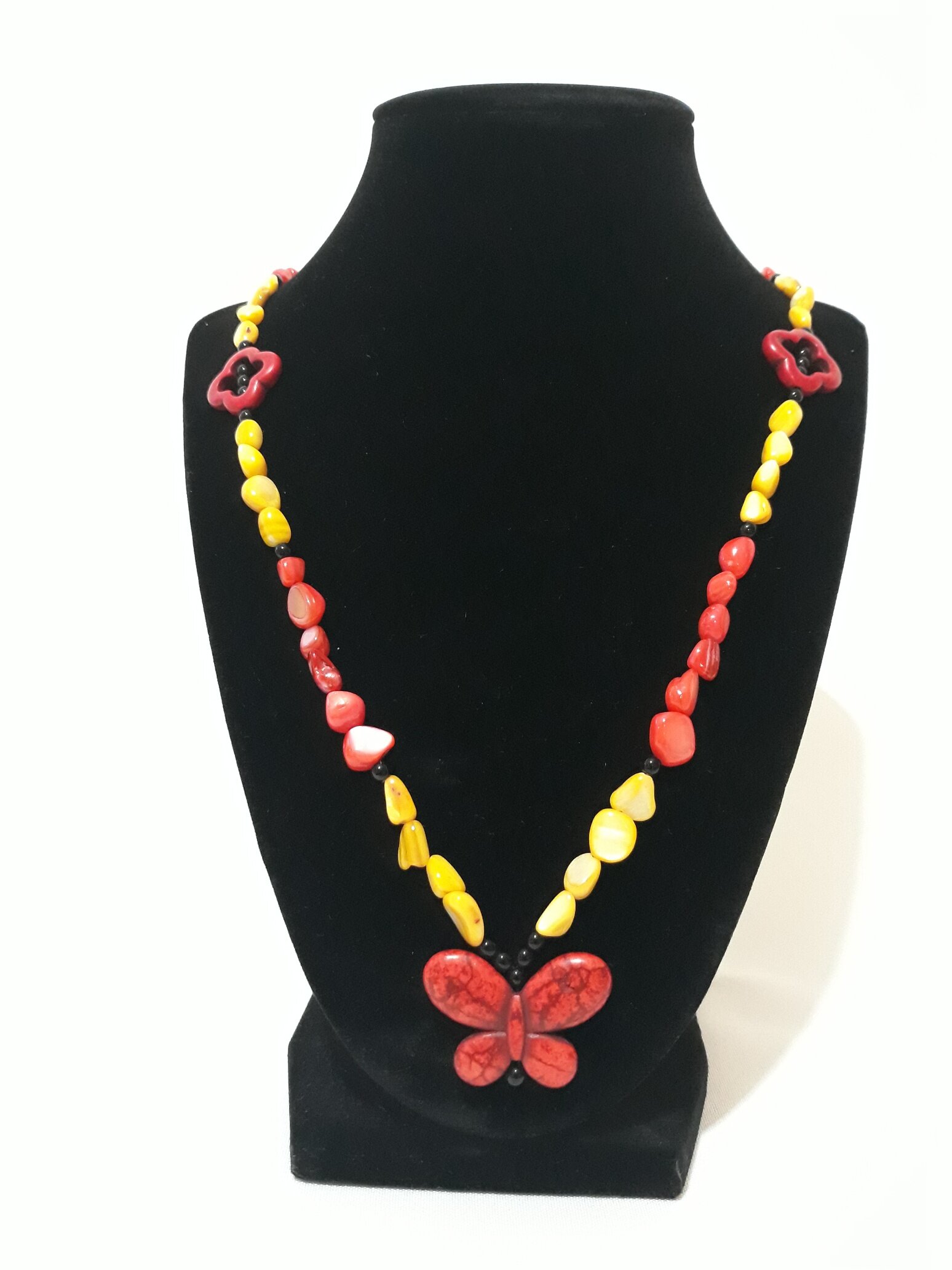 ES003 Necklace w/ Butterfly Pendant, coral &amp; yellow beads