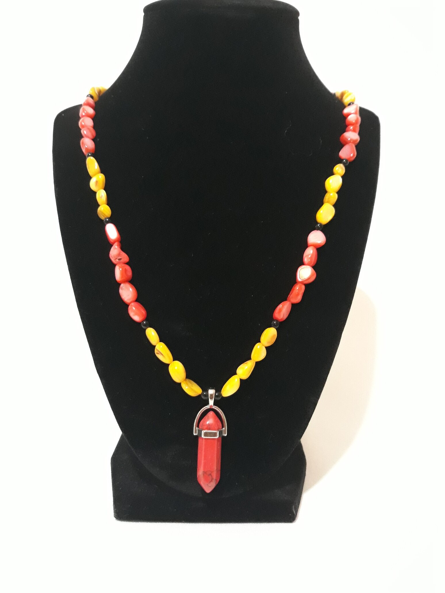 ES006 Necklace w/ Crystal Shaped Pendant, coral &amp; yellow beads
