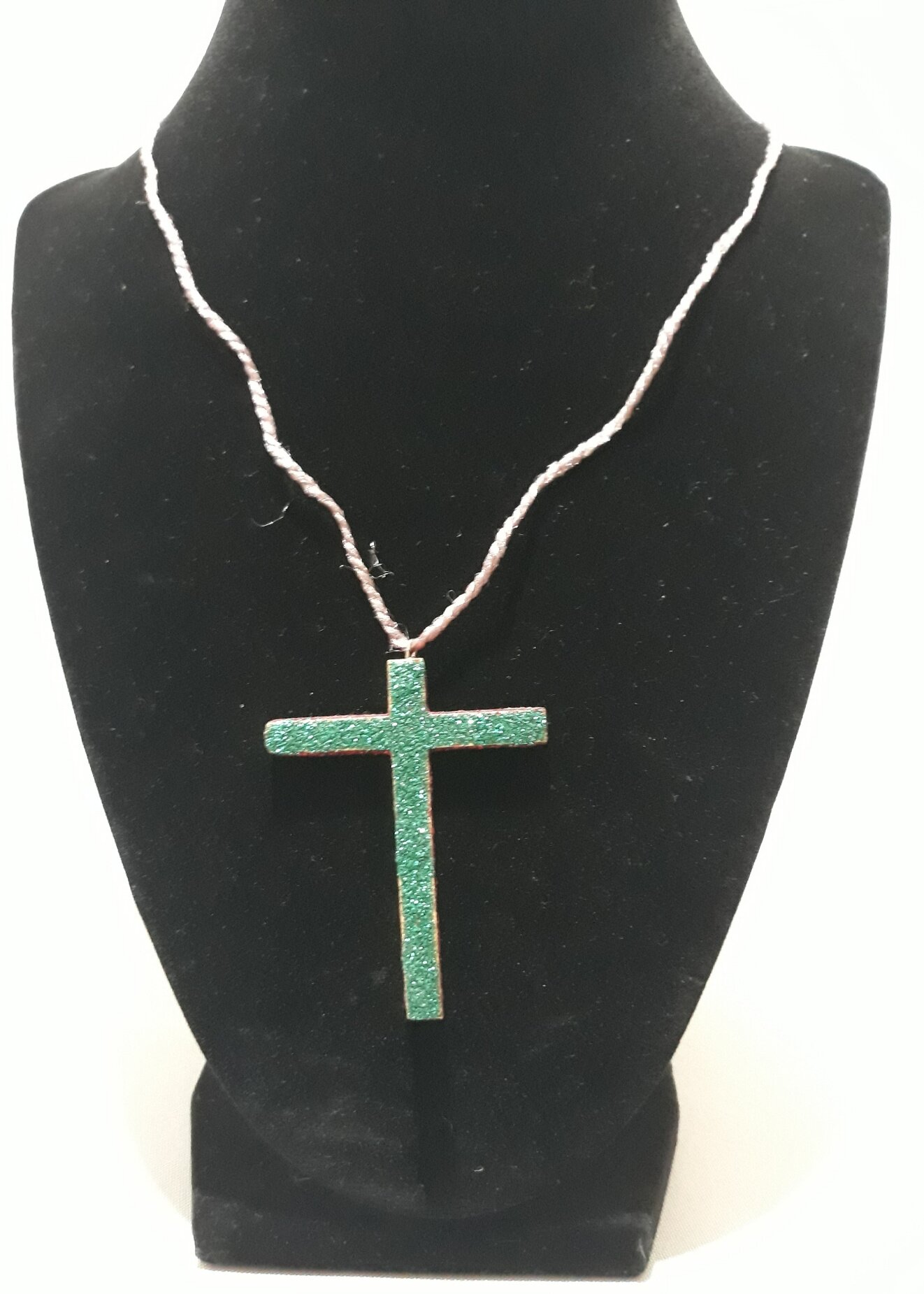 HL006 Necklace with Wood Cross Pendant painted with green glitter