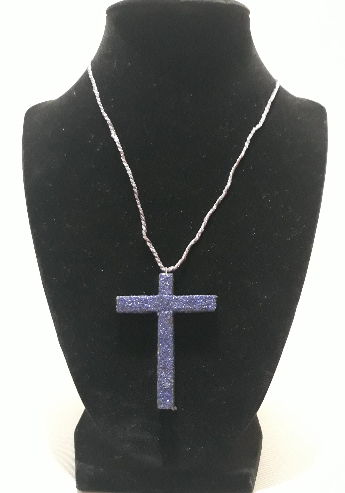 HL007 Necklace with Wood Cross Pendant painted with blue and green glitter