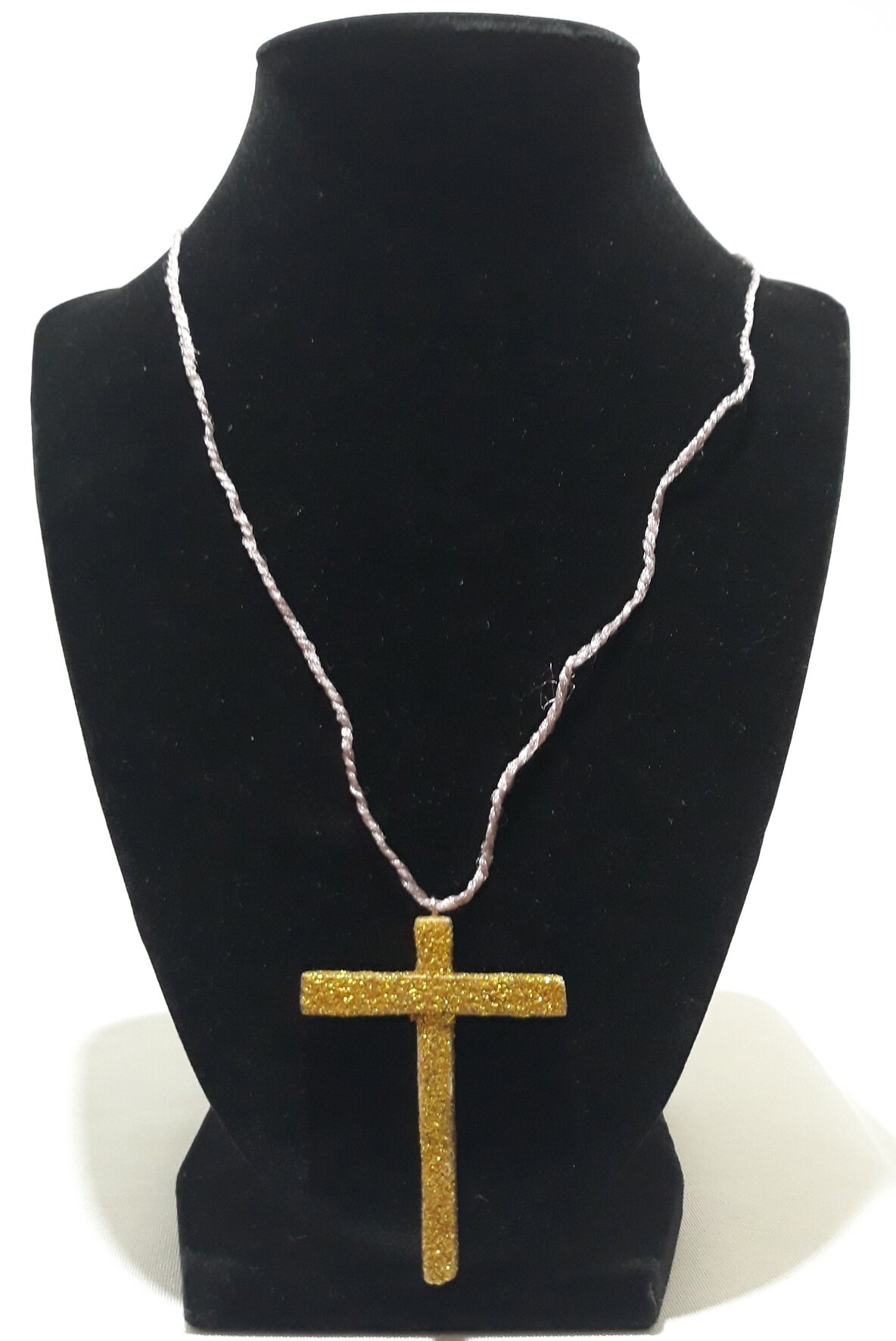 HL008 Necklace with Wood Cross Pendant painted with gold glitter