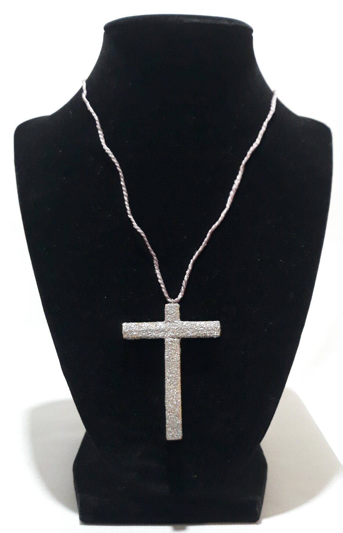 HL010 Necklace with Wood Cross Pendant painted with silver glitter