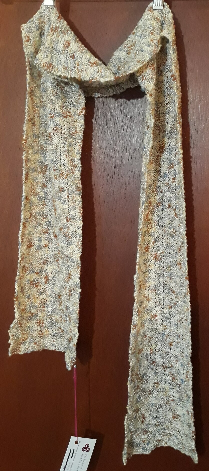 KY011 Knitted Scarf, beige, browns and blue yarn