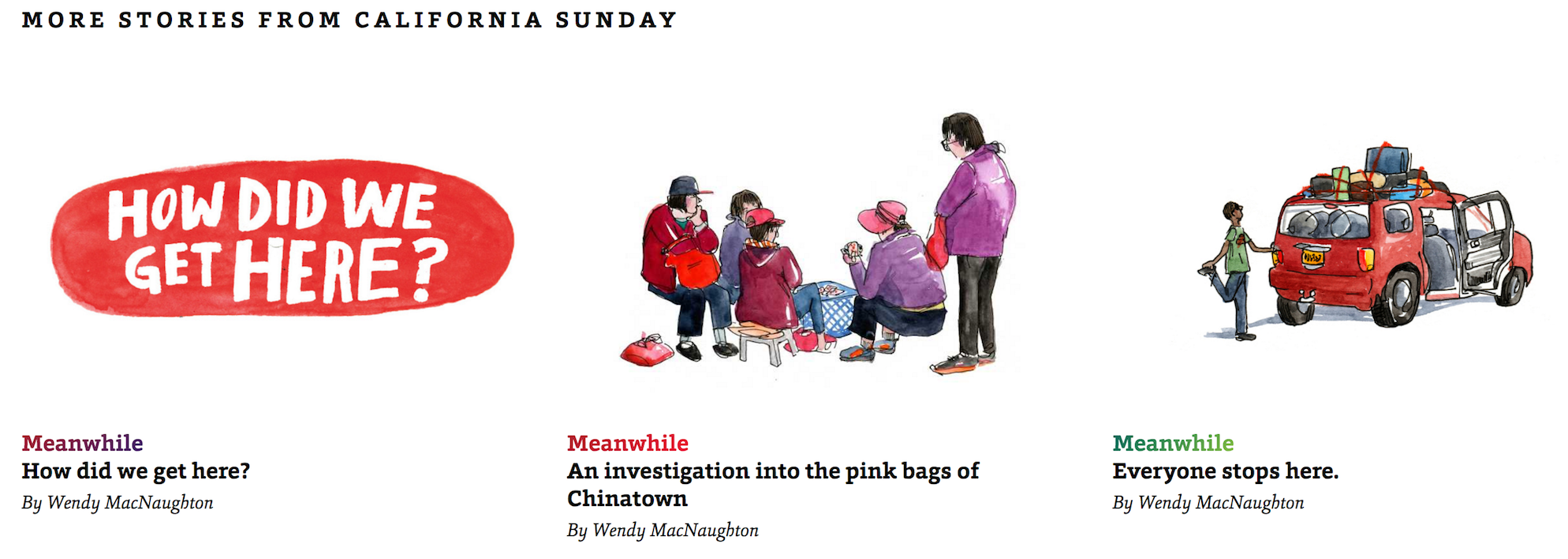 An assortment of illustrated stories from California Sunday.