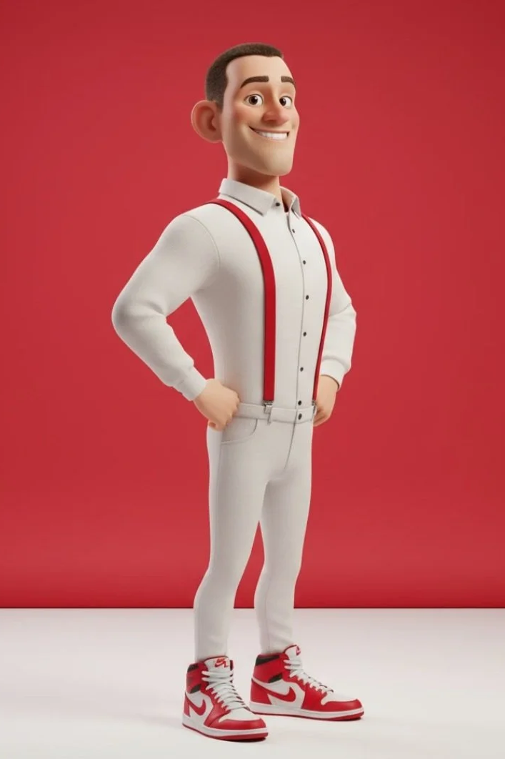3D-Animation eines jungen Mannes in weißem Anzug mit roten Hosenträgern und roten Nike Air Jordan Sneakers, vor rotem Hintergrund.