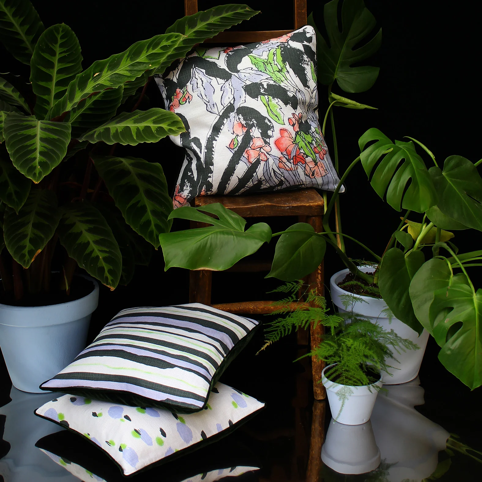 Tropical Print Cushions Laurel Clock Vine, Burton Stripe and Tanner