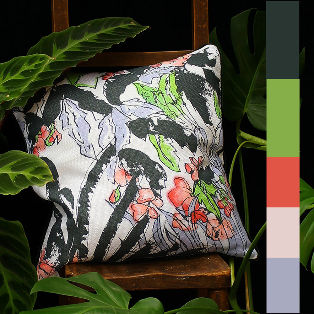 Laurel Clock Vine screen printed cushion with hand painted dyes including "Greneery", available here