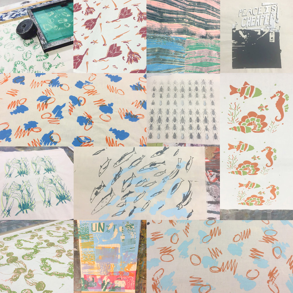 Repeat patterns designed and printed in beginners textile screen printing class at Bainbridge Studio