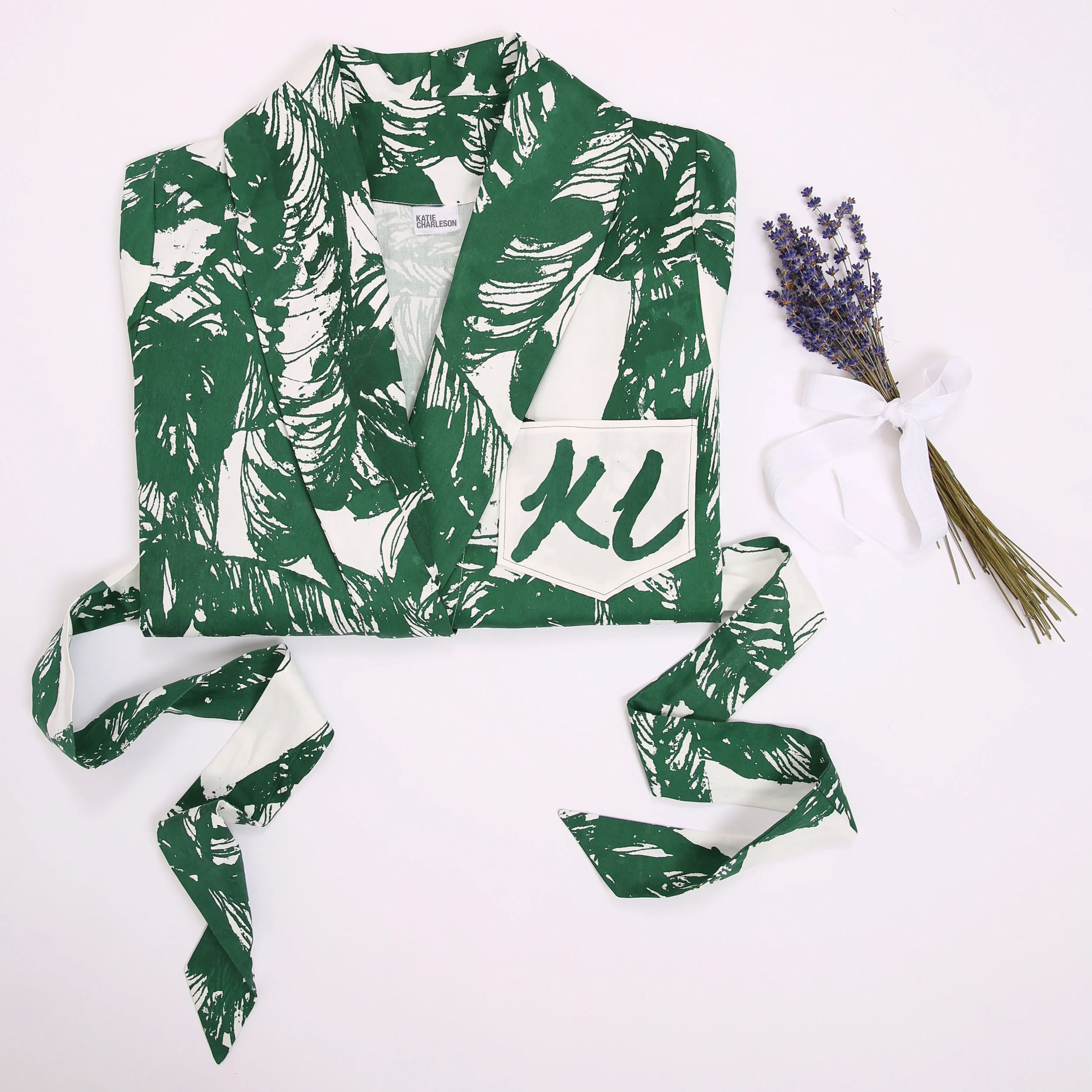 screen printed leaf green dressing gown on katiecharleson.com