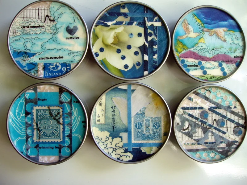In 2006 and 2007, I recycled the lids of baby food jars by turning them into magnets. Each magnet featured an original collage. I sold them in sets of six in my etsy shop at the time. 