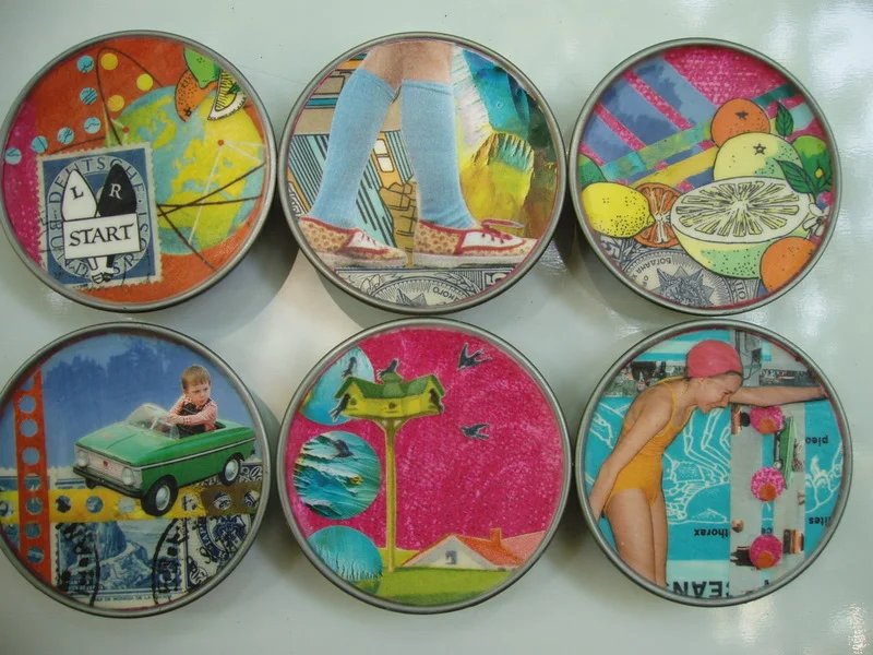 In 2006 and 2007, I recycled the lids of baby food jars by turning them into magnets. Each magnet featured an original collage. I sold them in sets of six in my etsy shop at the time. 