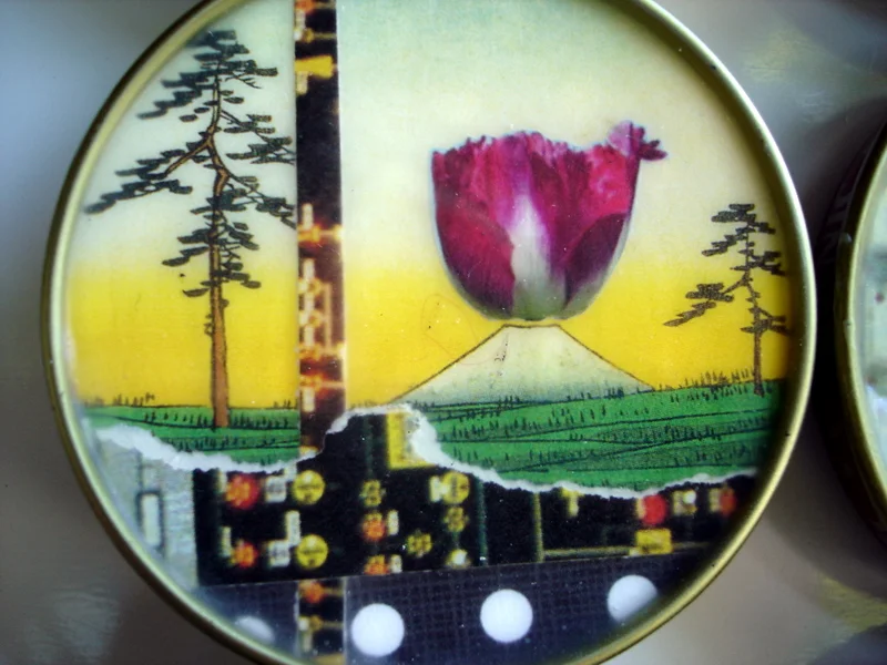 In 2006 and 2007, I recycled the lids of baby food jars by turning them into magnets. Each magnet featured an original collage. I sold them in sets of six in my etsy shop at the time. 