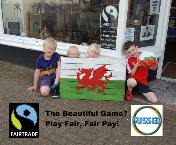 L-R Jack Jones age 7, Samuel Johnson age 3 Lily Jones age 4, and Oliver Johnson age 7, celebrate Welsh Euro success with a fair trade football! 