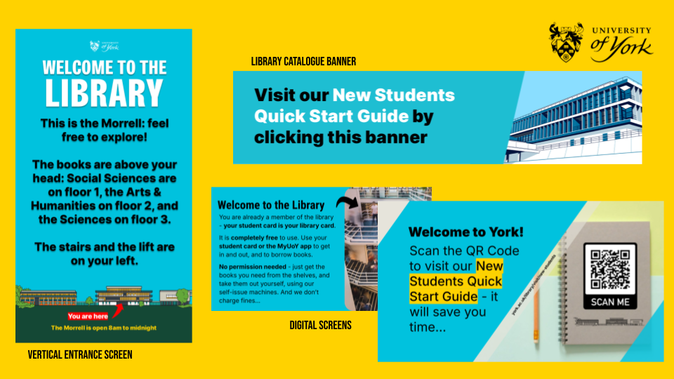 A catalogue banner and digital screens giving basic welcome info about the library