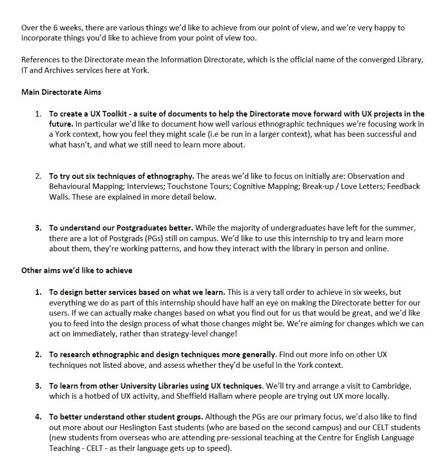 Part of the Aims of the Internship document I put together for Emma