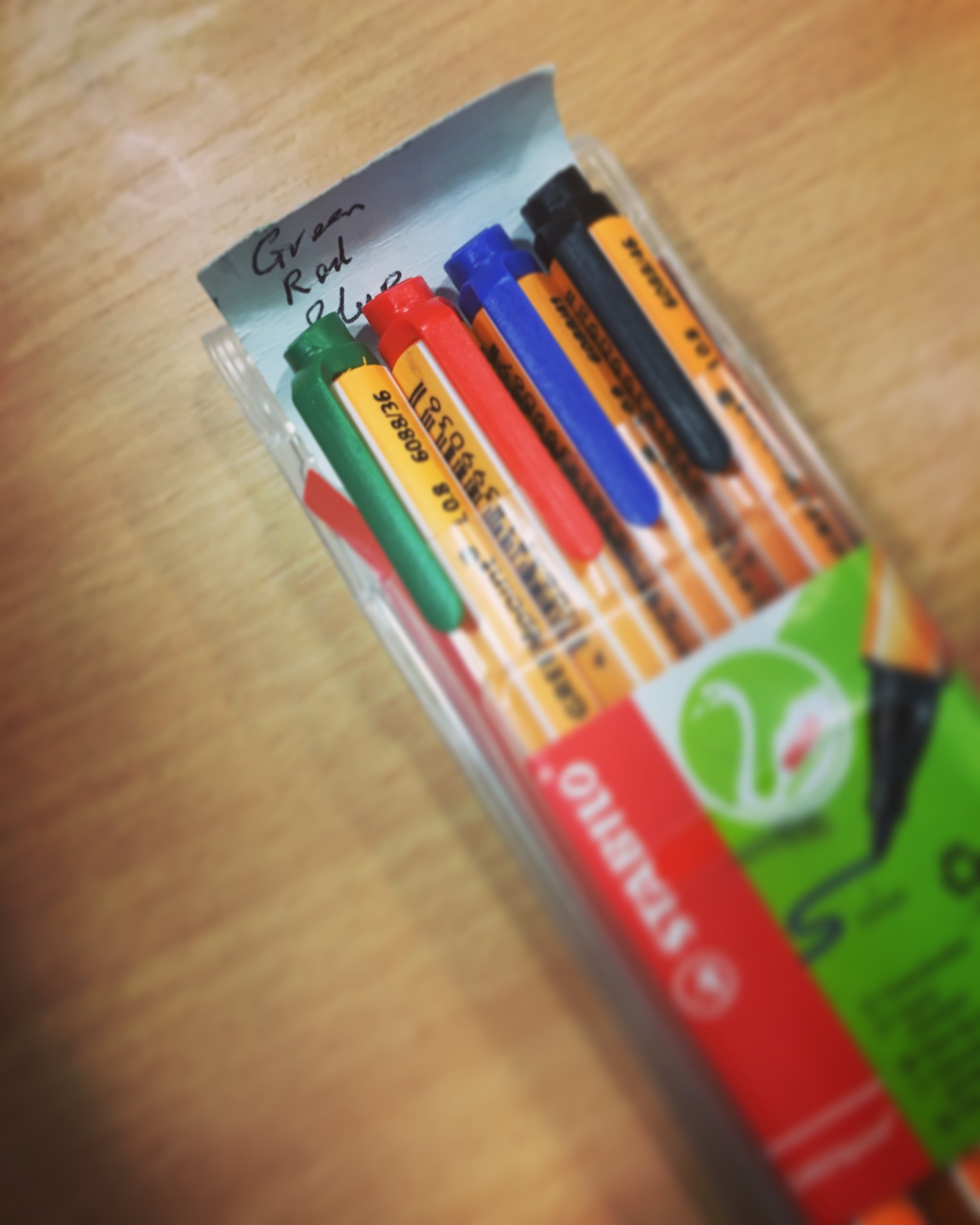 Coloured pens used in cognitive mapping (in this case with the interviewer's reminder about the order in which to use them)