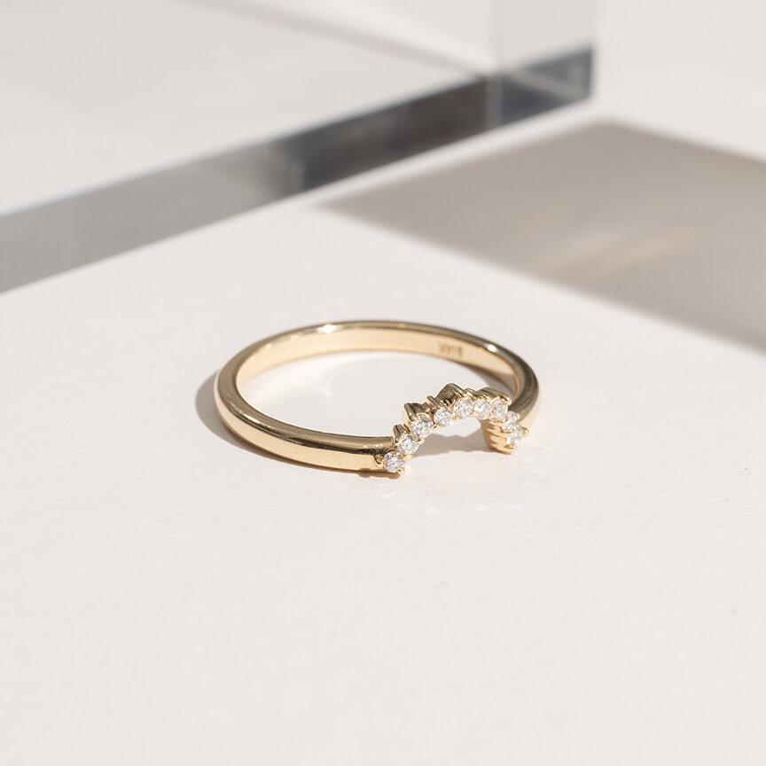 Half circle diamond and 14K gold wedding band