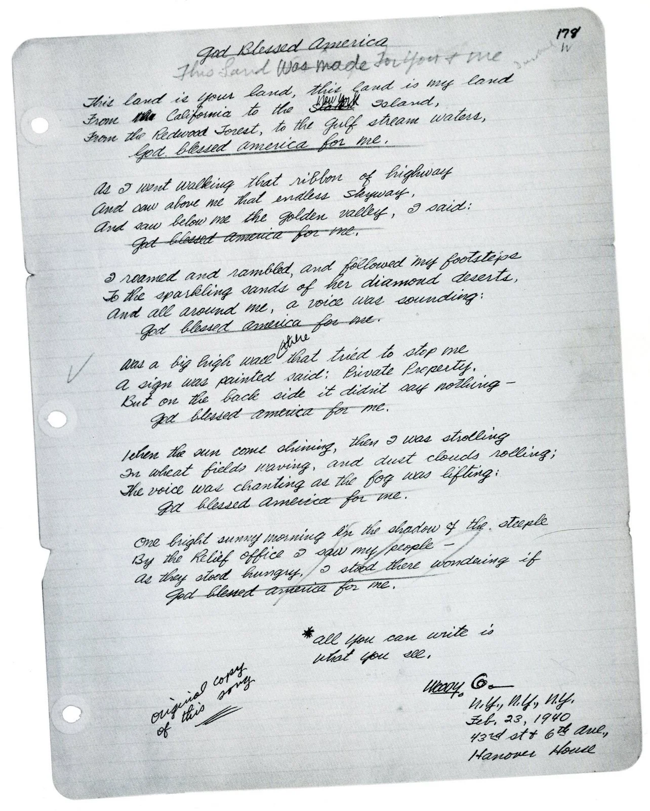 Original lyrics for "God Blessed America" by Woody Guthrie
