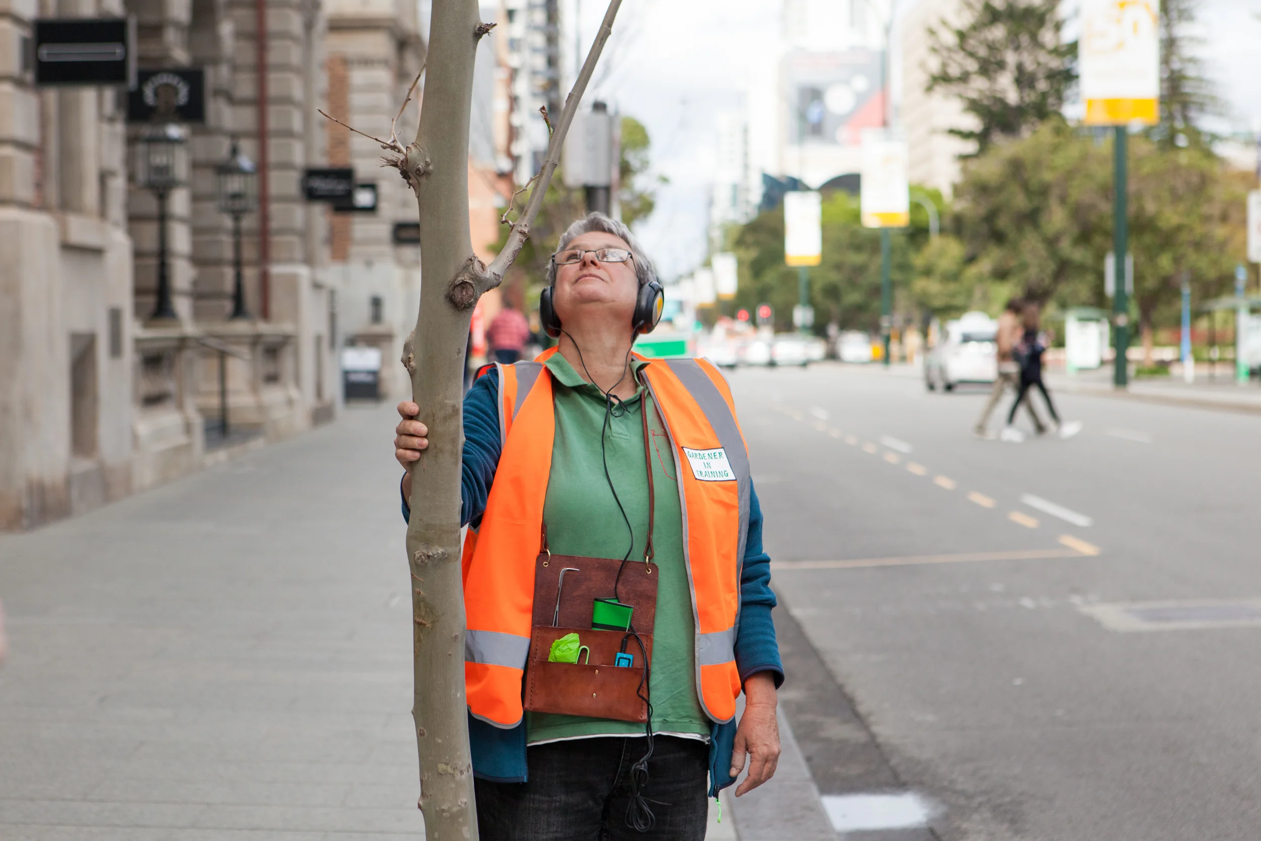 A participant empathising with a London Plane tree that has been subject to extensive laboratory testing.