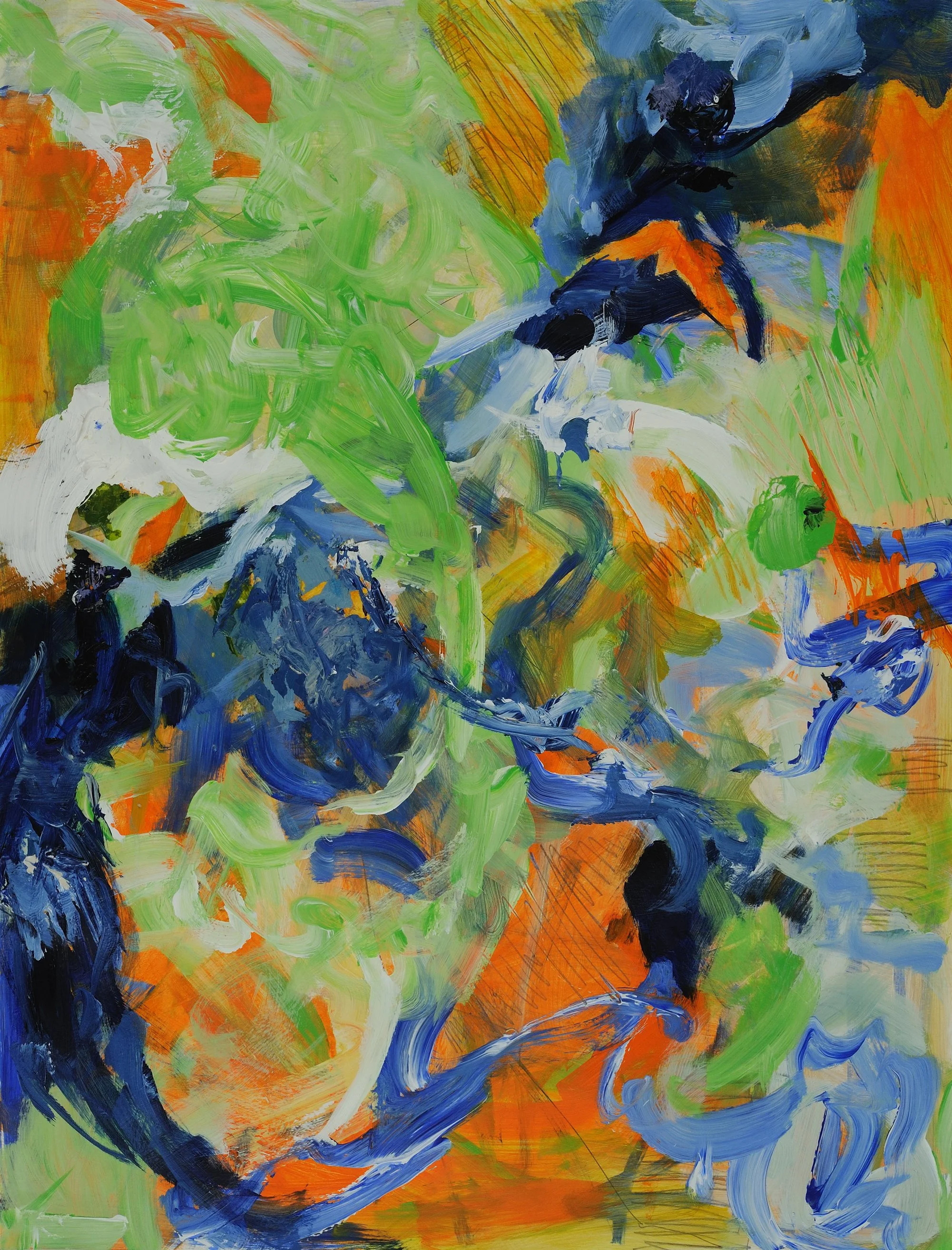 Abstract with light greens, deep blues and orange
