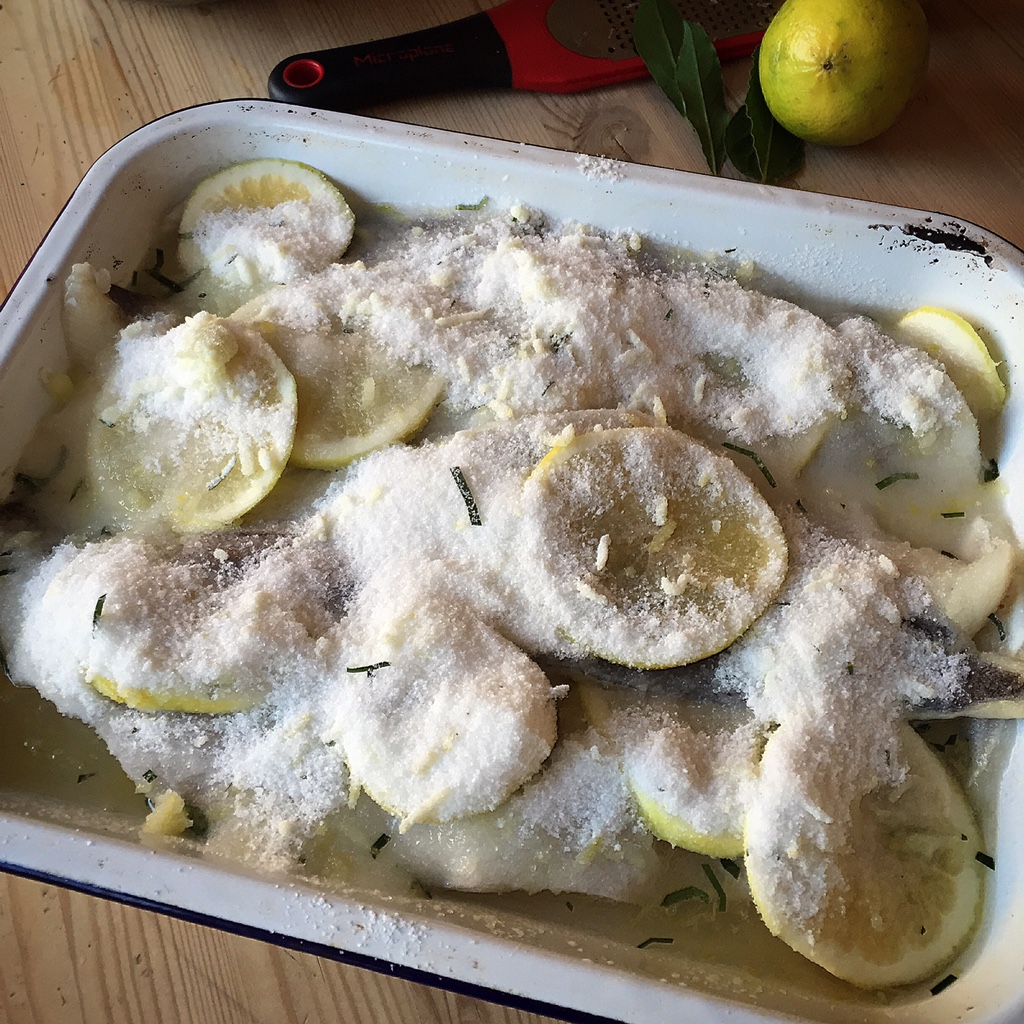 Haddock hiding under a cure of bergamot, bay, sparkling wine, sugar and salt