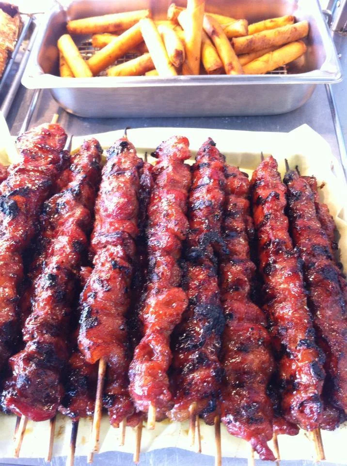 BBQ pork skewers and lumpia