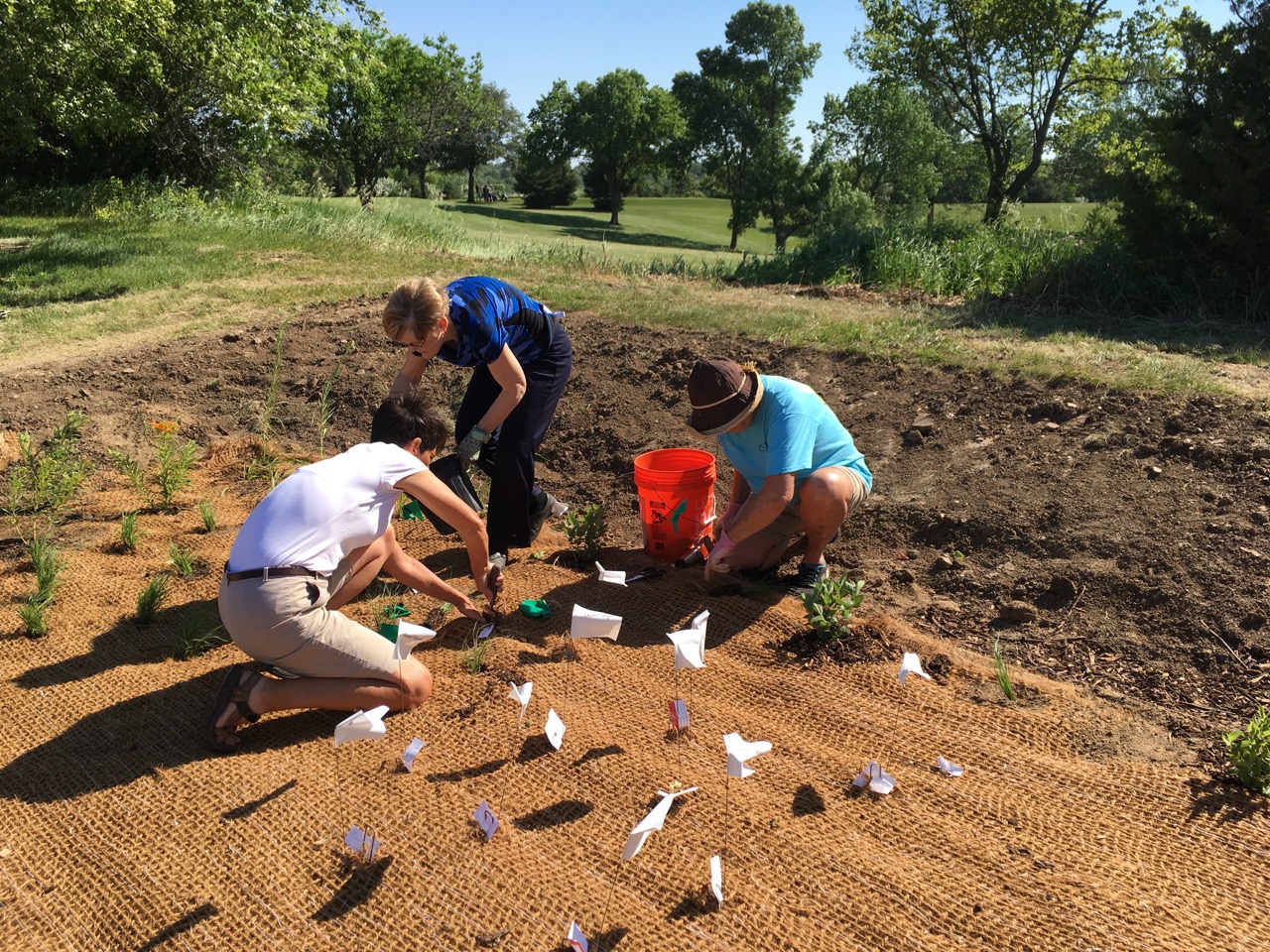 Emily Spradling, Connie Ridgley and Mary Kay O’Grady install new plants in the rain garden, which is located between the Panorama West parking lot and the first hole on the golf course. 