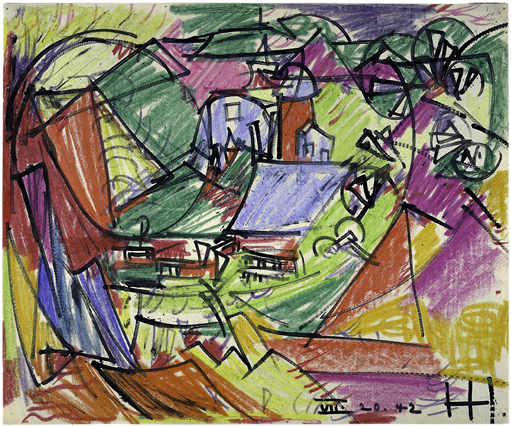 Untitled , July 20, 1942 Crayon and ink on paper 14 x 17 in. (35.6 x 43.2 cm) Solomon R. Guggenheim Museum, New York (92.4043) Photography courtesy of the Solomon R. Guggenheim Foundation, New York
Normal
0
false
false
false
EN-US
X-NONE
X-NONE
/* Style Definitions */
table.MsoNormalTable
{mso-style-name:"Table Normal";
mso-tstyle-rowband-size:0;
mso-tstyle-colband-size:0;
mso-style-noshow:yes;
mso-style-priority:99;
mso-style-parent:"";
mso-padding-alt:0in 5.4pt 0in 5.4pt;
mso-para-margin:0in;
mso-para-margin-bottom:.0001pt;
mso-pagination:widow-orphan;
font-size:11.0pt;
font-family:"Calibri","sans-serif";
mso-ascii-font-family:Calibri;
mso-ascii-theme-font:minor-latin;
mso-hansi-font-family:Calibri;
mso-hansi-theme-font:minor-latin;}