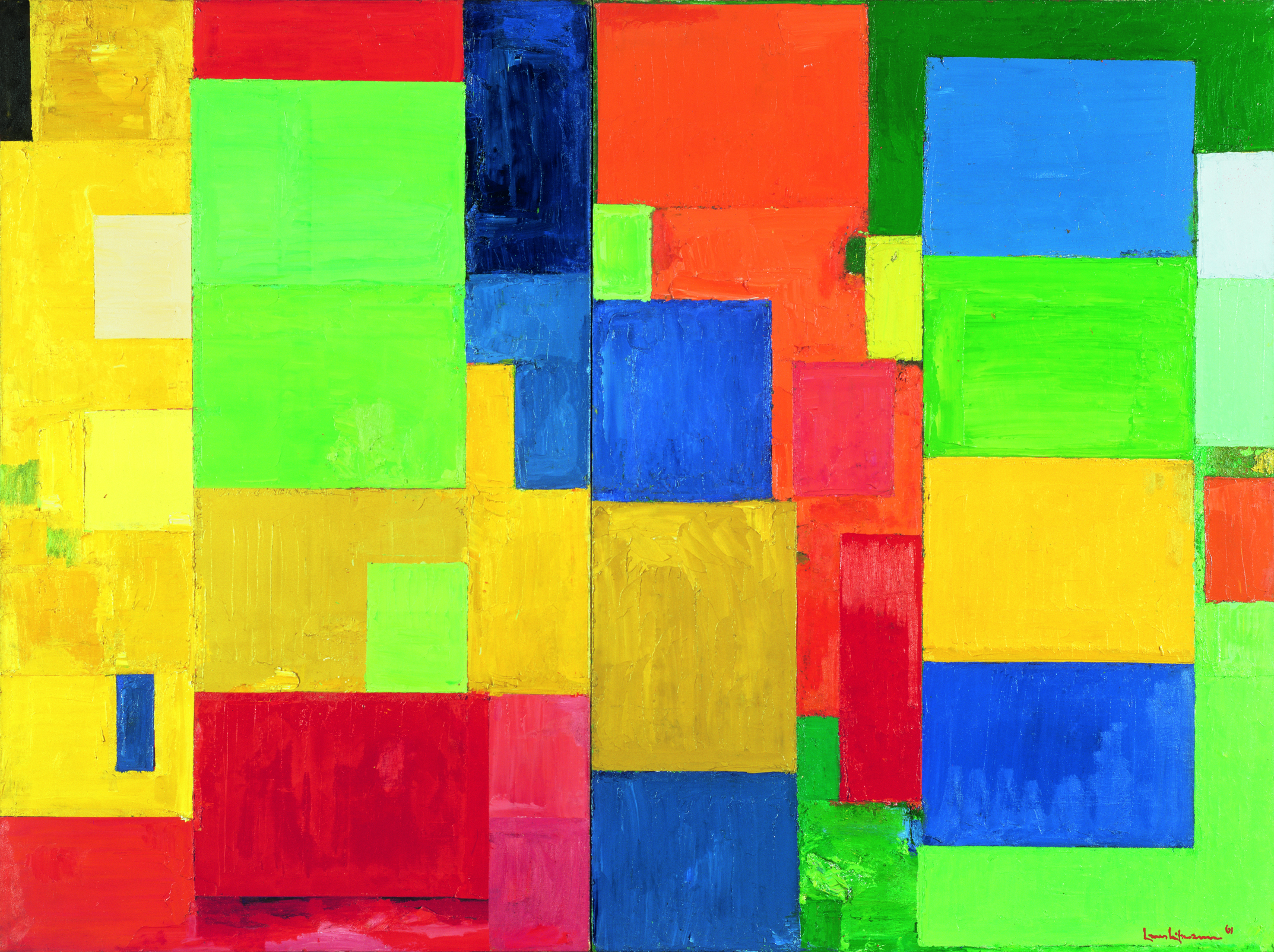 Combinable Wall I and II , 1961 Oil on canvas 84 1/2 x 112 1/2 in. (214.6 x 285.8 cm) University of California, Berkeley Art Museum & Pacific Film Archive. Gift of the artist (1963.10) The Trustees of the Renate, Hans and Maria Hofmann Trust thank the Regents of the University of California for the use of this image
Normal
0
false
false
false
EN-US
X-NONE
X-NONE
/* Style Definitions */
table.MsoNormalTable
{mso-style-name:"Table Normal";
mso-tstyle-rowband-size:0;
mso-tstyle-colband-size:0;
mso-style-noshow:yes;
mso-style-priority:99;
mso-style-parent:"";
mso-padding-alt:0in 5.4pt 0in 5.4pt;
mso-para-margin:0in;
mso-para-margin-bottom:.0001pt;
mso-pagination:widow-orphan;
font-size:11.0pt;
font-family:"Calibri","sans-serif";
mso-ascii-font-family:Calibri;
mso-ascii-theme-font:minor-latin;
mso-hansi-font-family:Calibri;
mso-hansi-theme-font:minor-latin;}