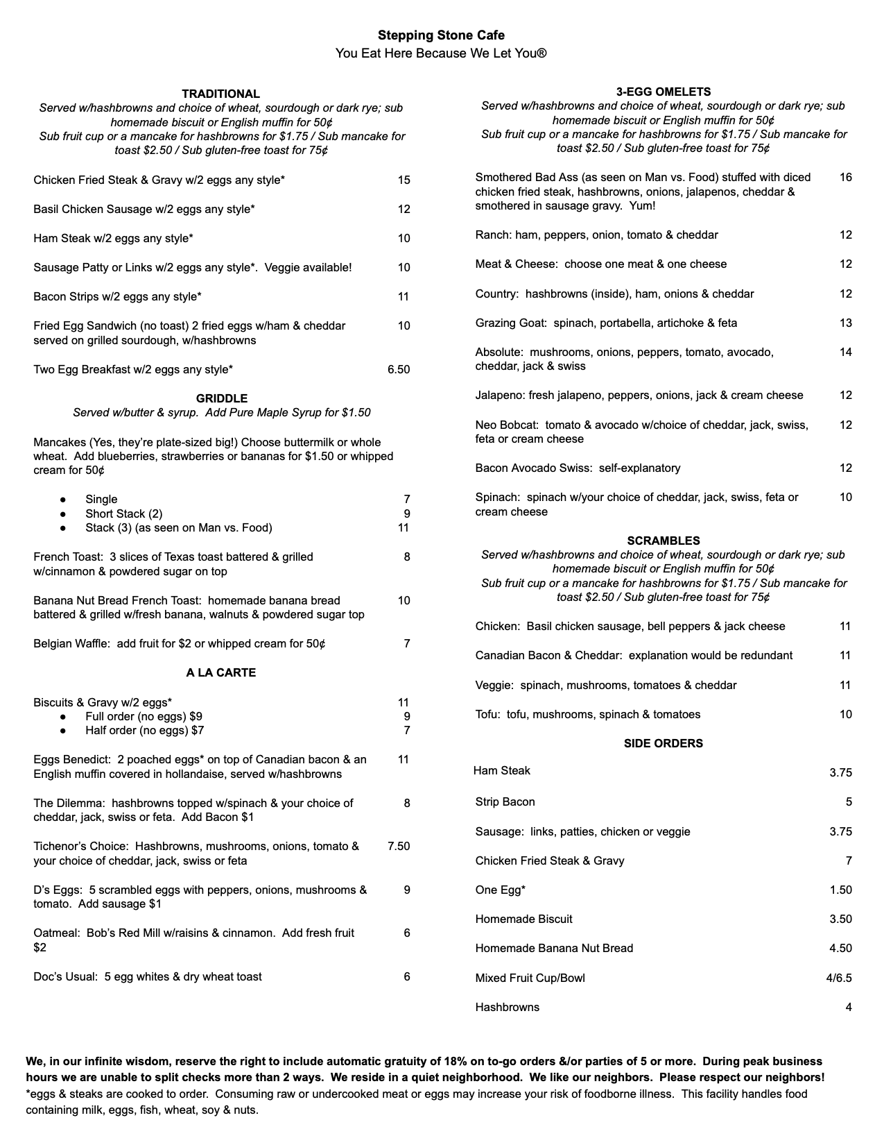 Menu Stepping Stone Cafe