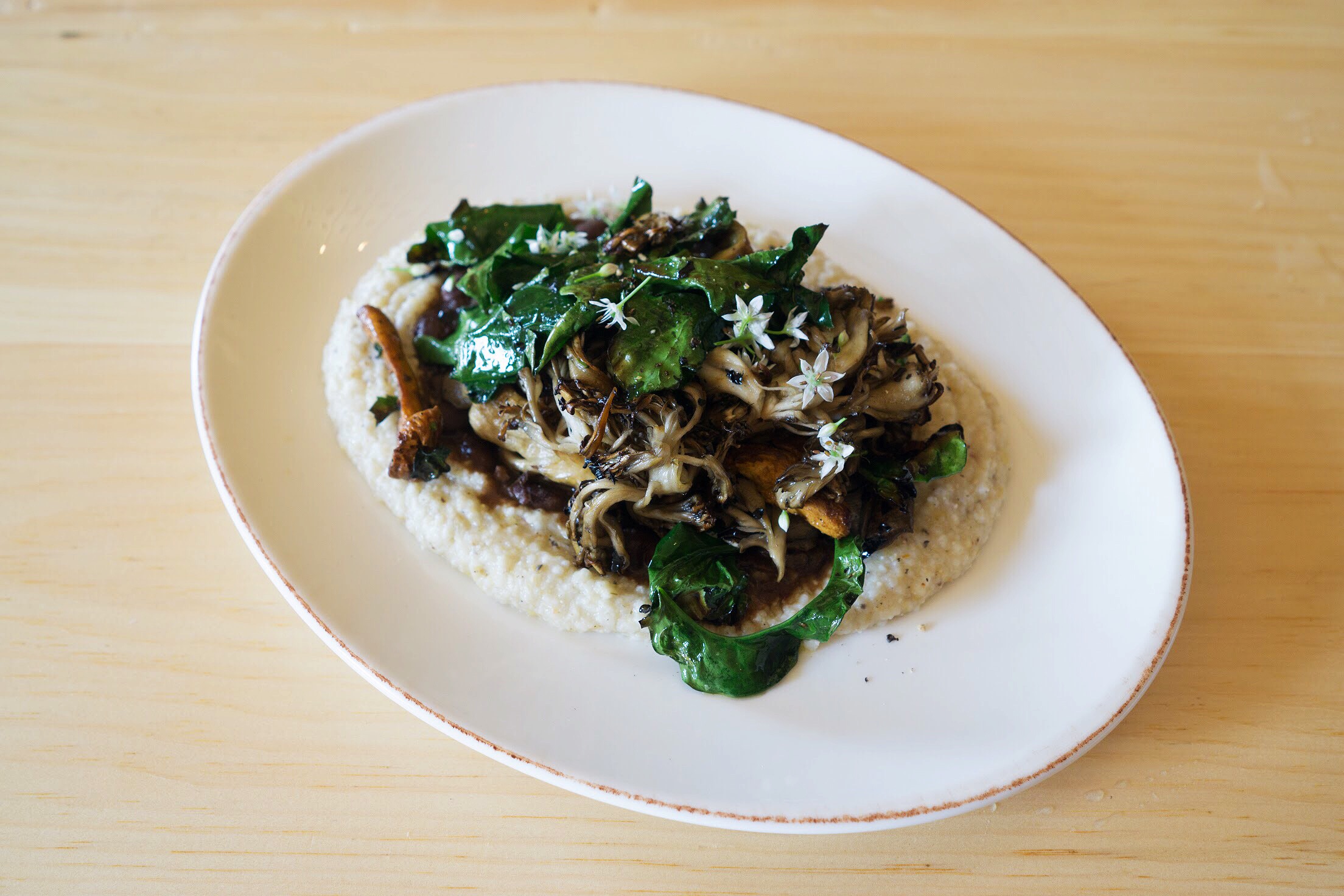  Wood-roasted mushrooms, charred spigarello, soft polenta, yellow-eye bean and rosemary gravy.  Photo by Alycia Chrosniak  