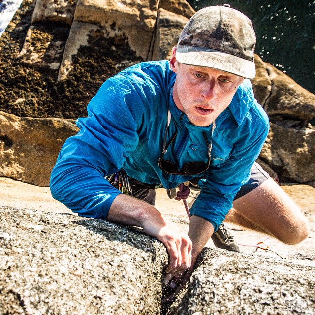 Niels Davis doing a little #exploratory #climbing in #Newfoundland. We camped on a small, rocky island just off the coast while #sea-kayaking. This rocky outcrop, jutting straight out of the ocean, looked exactly like a turtle, so we did a little bou