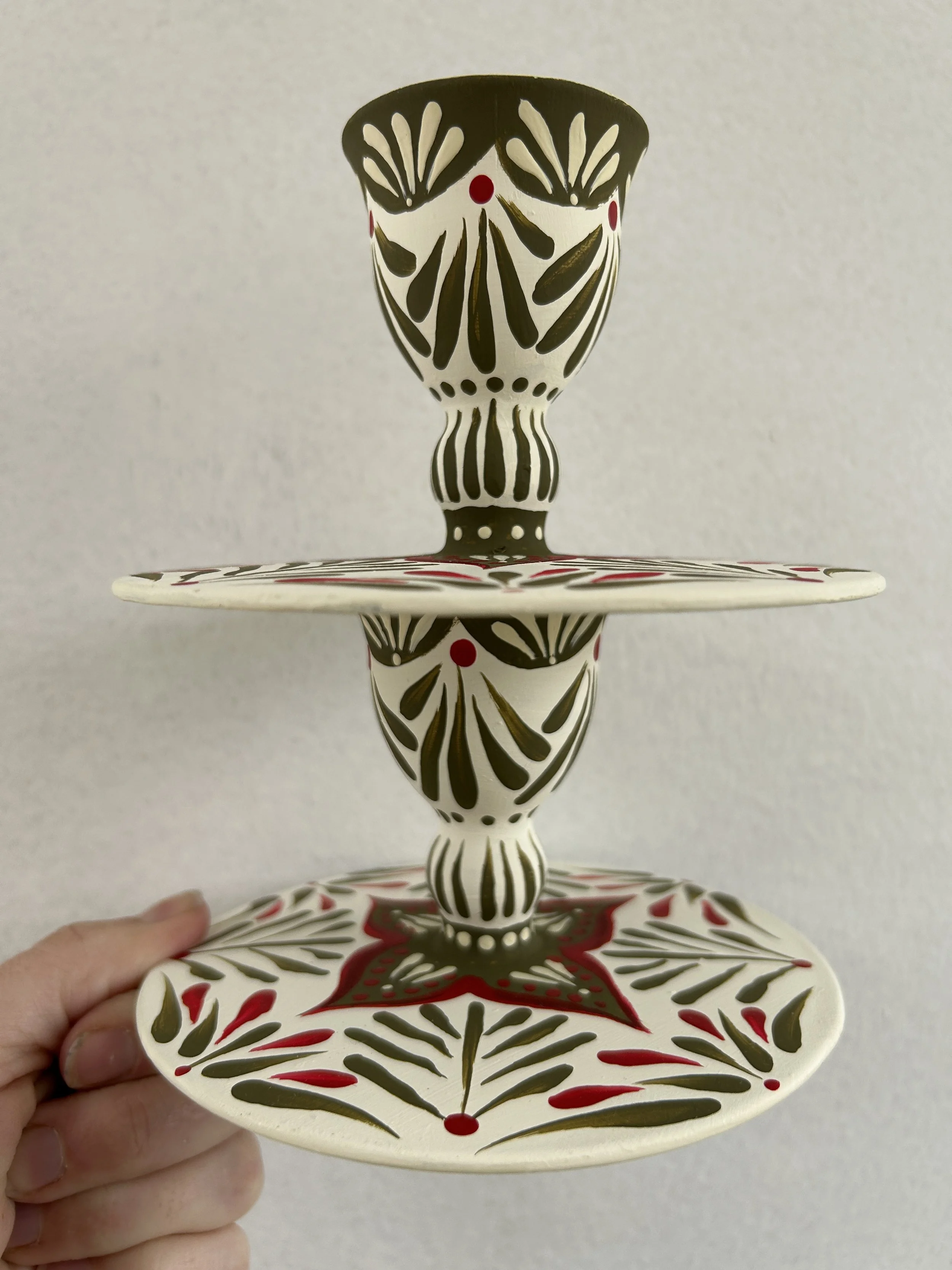 Cream and Green Flourish Candlesticks - Set of 2