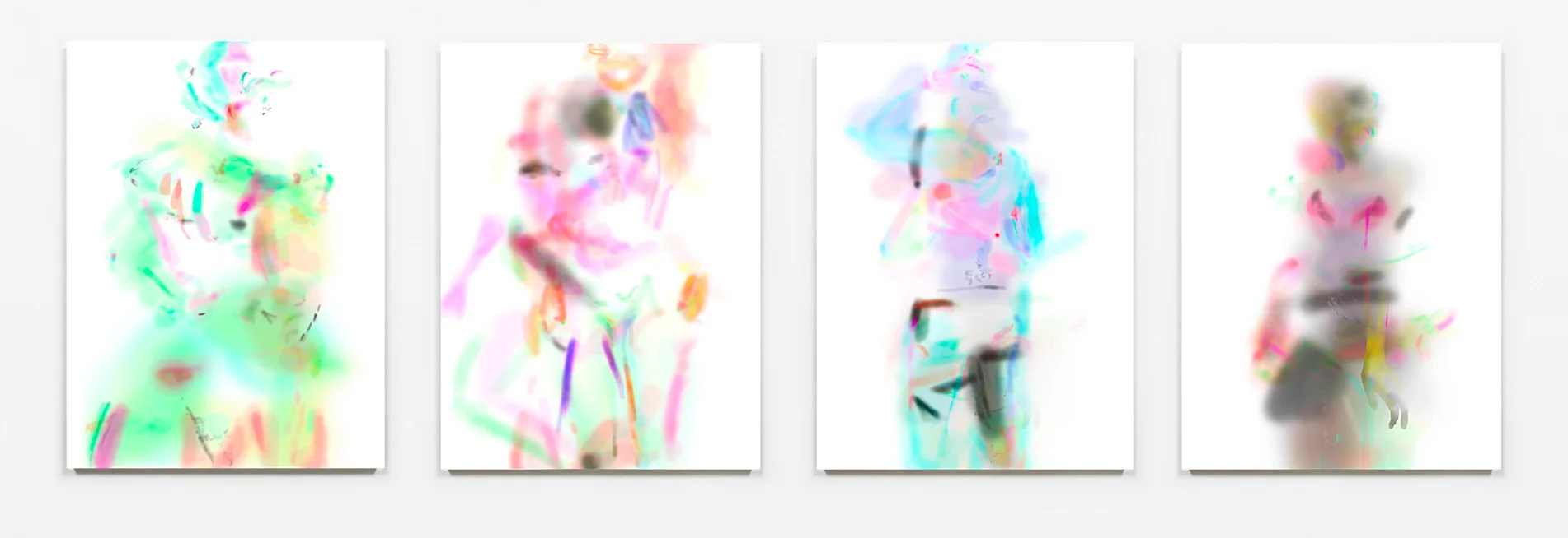 Southworth, from the Color, Balance series, (L-R) "I'm feeling like the yellow is creeping up in my light ends," "QU QU QU QU QU," "Red Rhonda Times Three," "You've lost all my shape," each: digital print on sintra, each 16.5"H x 12" / 42cm H x 30.5cm, edition of 3, 2015