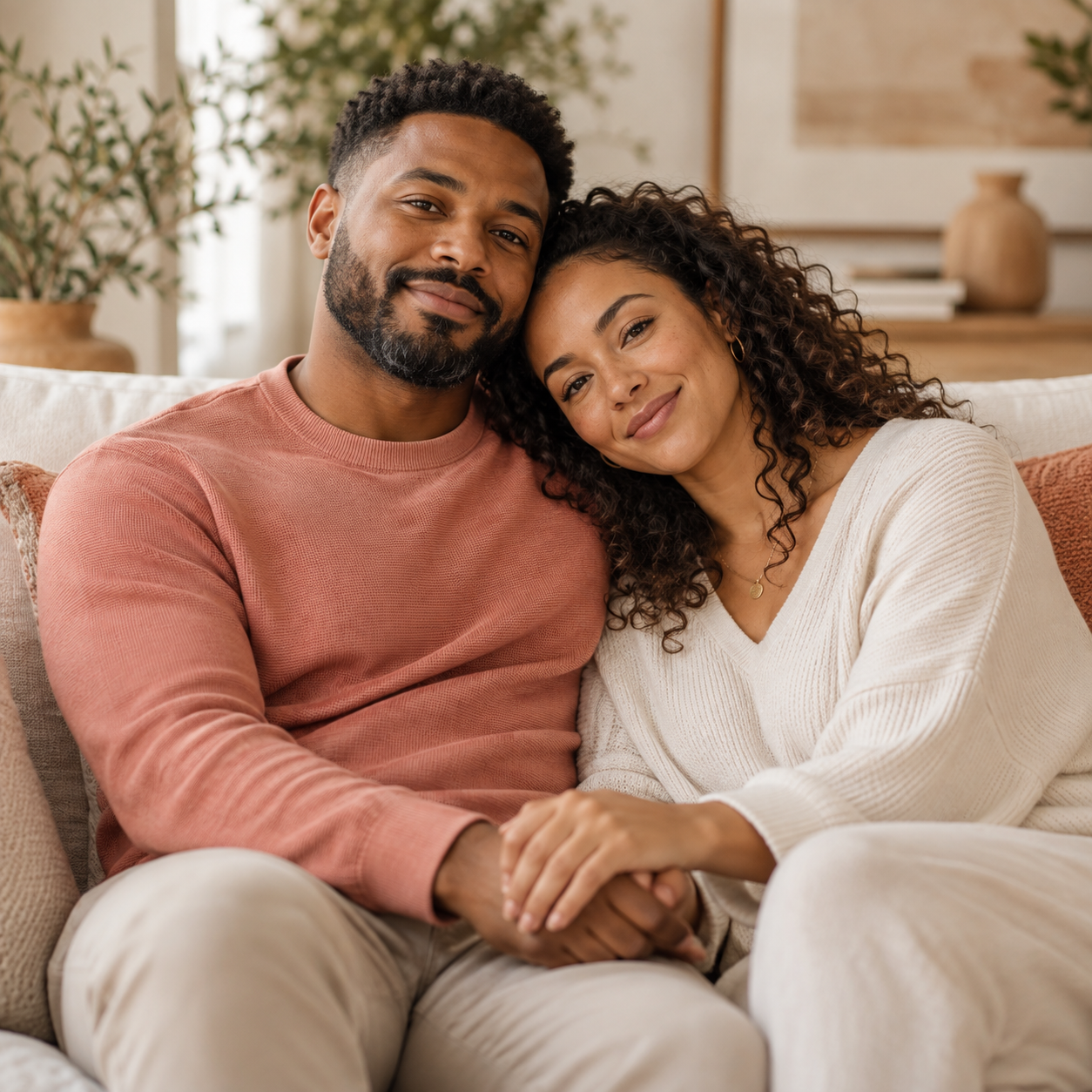 A smiling couple hugging indoors. Dallas therapist Dr. Jada Jackson offering therapy and wellness support.
