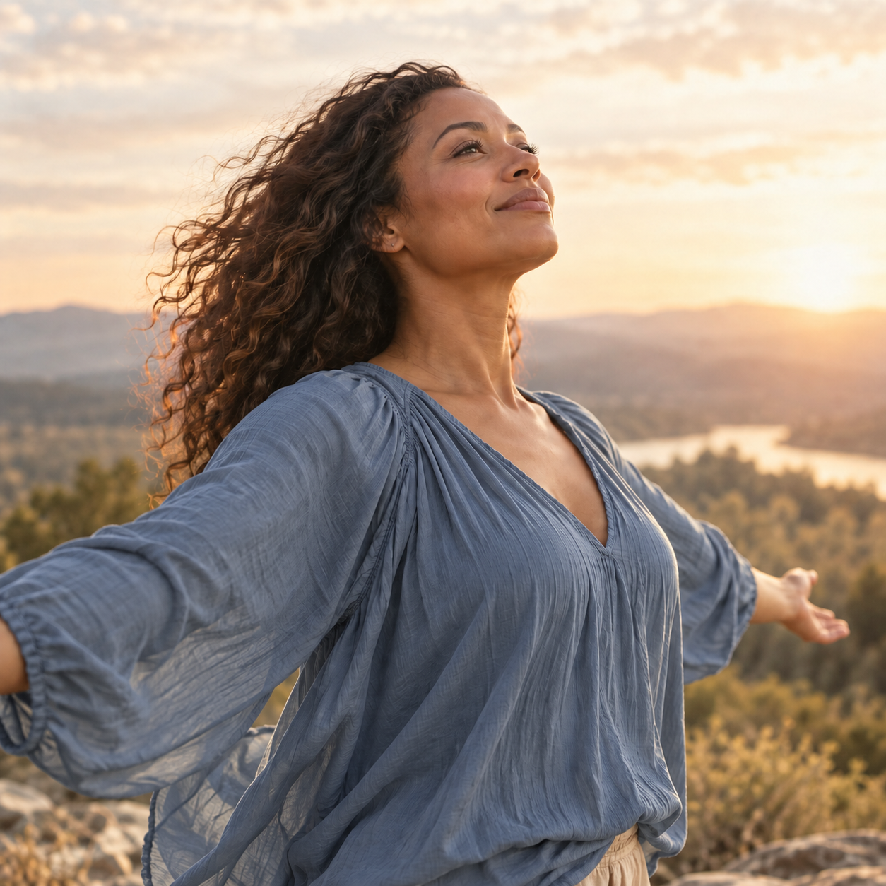 Woman with long wavy hair reaching out with her arms against a clear blue sky. Dallas therapist Dr. Jada Jackson offering therapy and wellness support.
