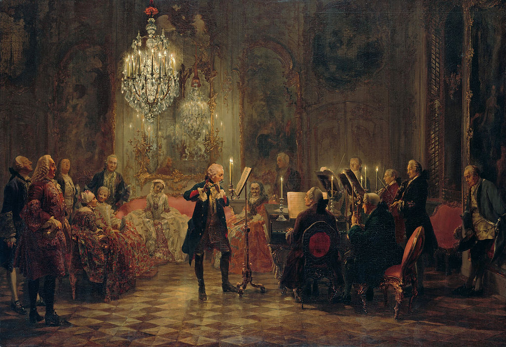 In this rather famous Adolph Menzel painting of Frederick II's court, Quantz is the character glowering in the right corner. One wonders if Frederick (playing the flute) was disappointing Quantz with an insufficient personality.