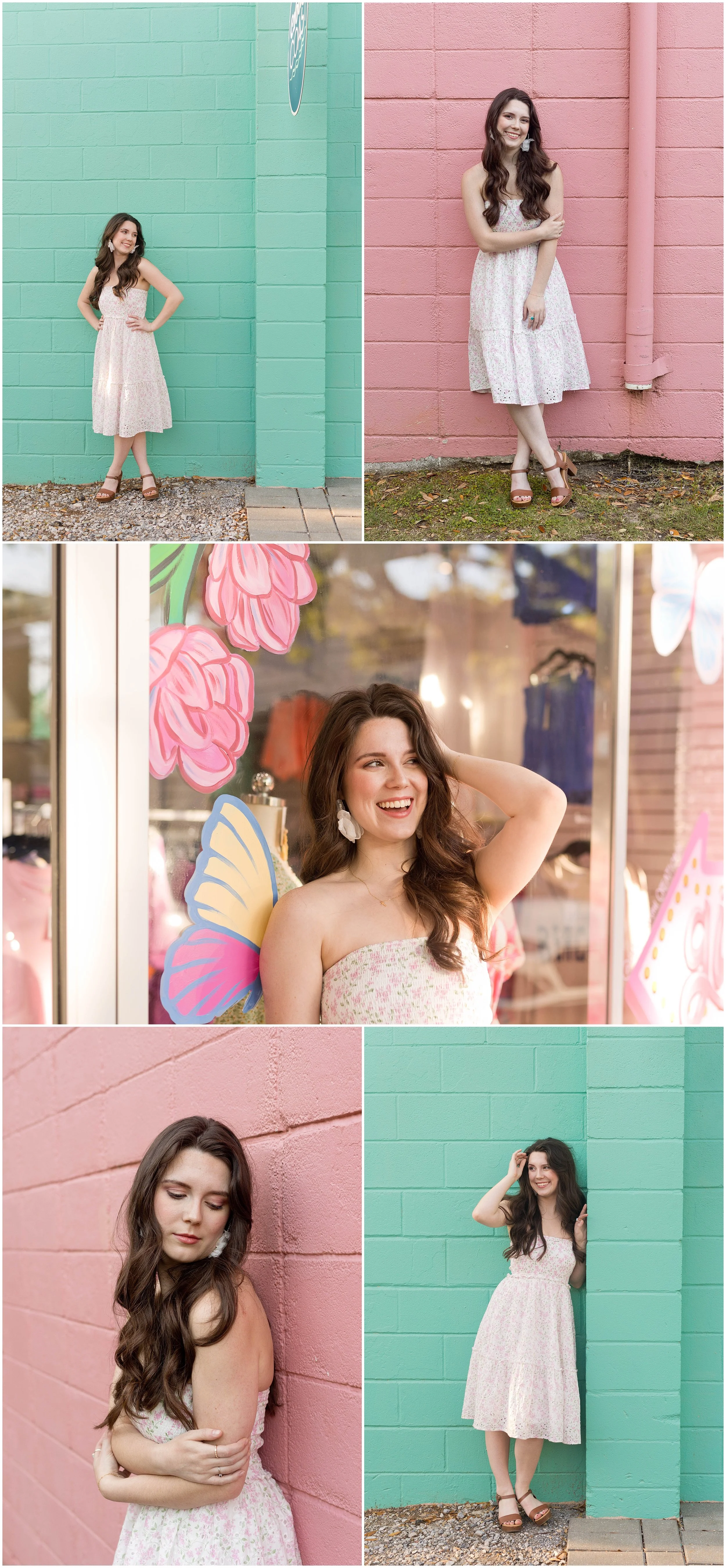 girls senior portraits with colorful walls and boutique storefront in downtown Ocean Springs, Mississippi