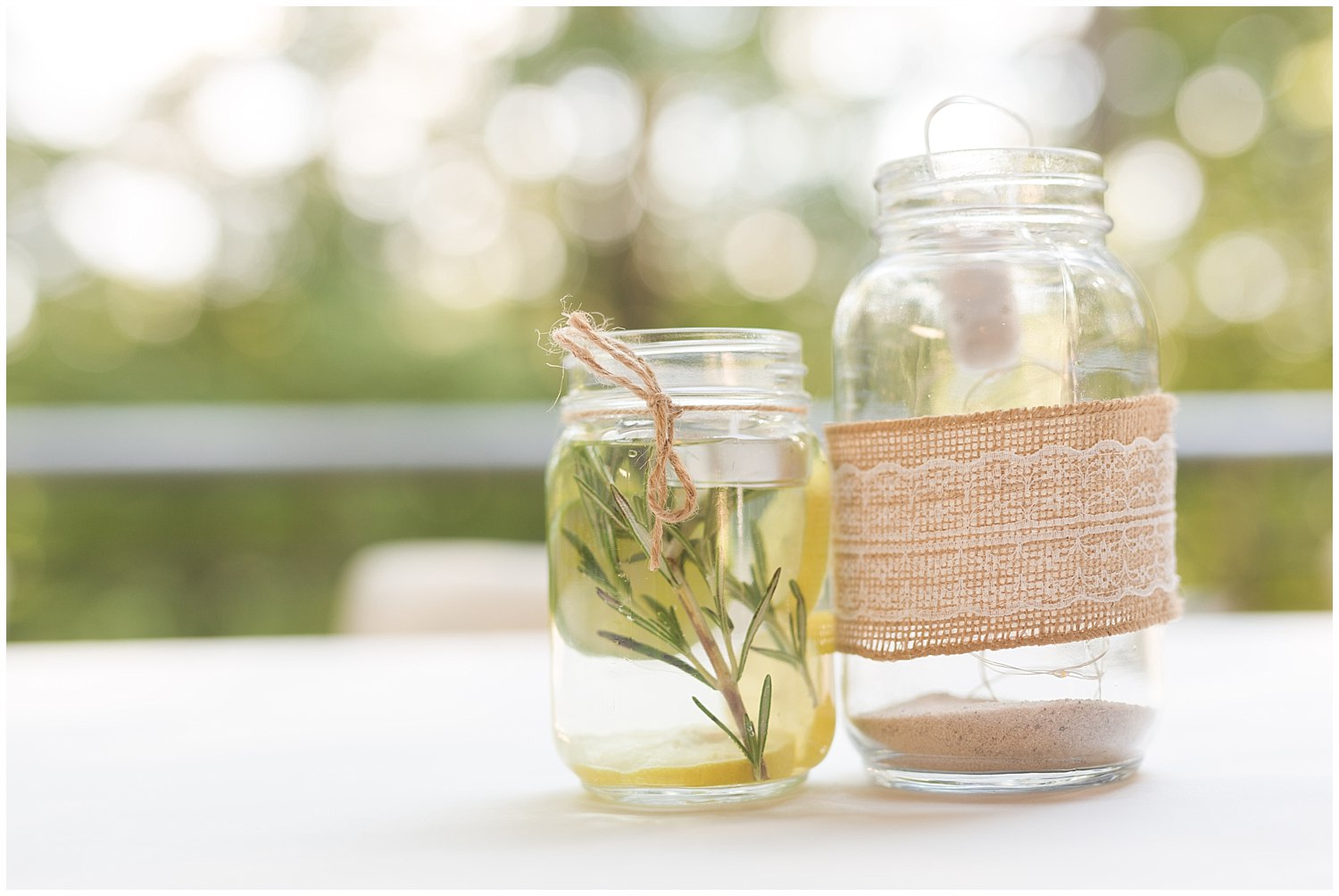 DIY mason jar centerpieces for outdoor camp wedding