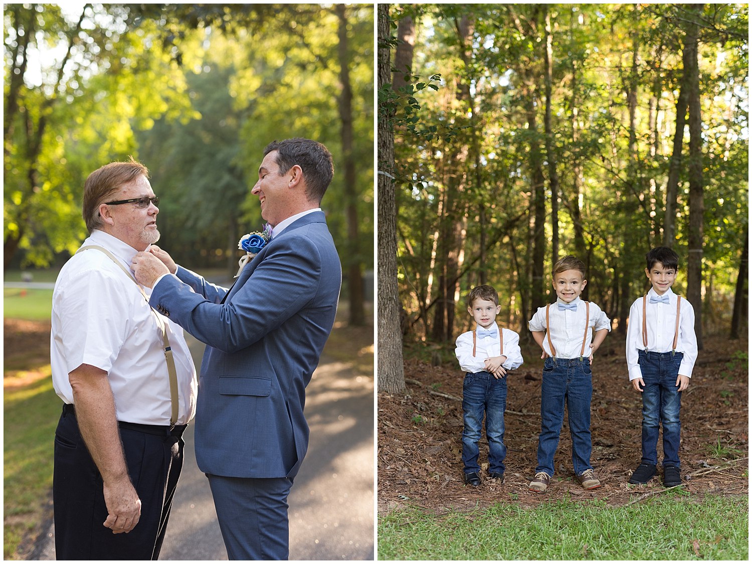 groom tying dad's bow tie, cute ring-bearers in suspenders