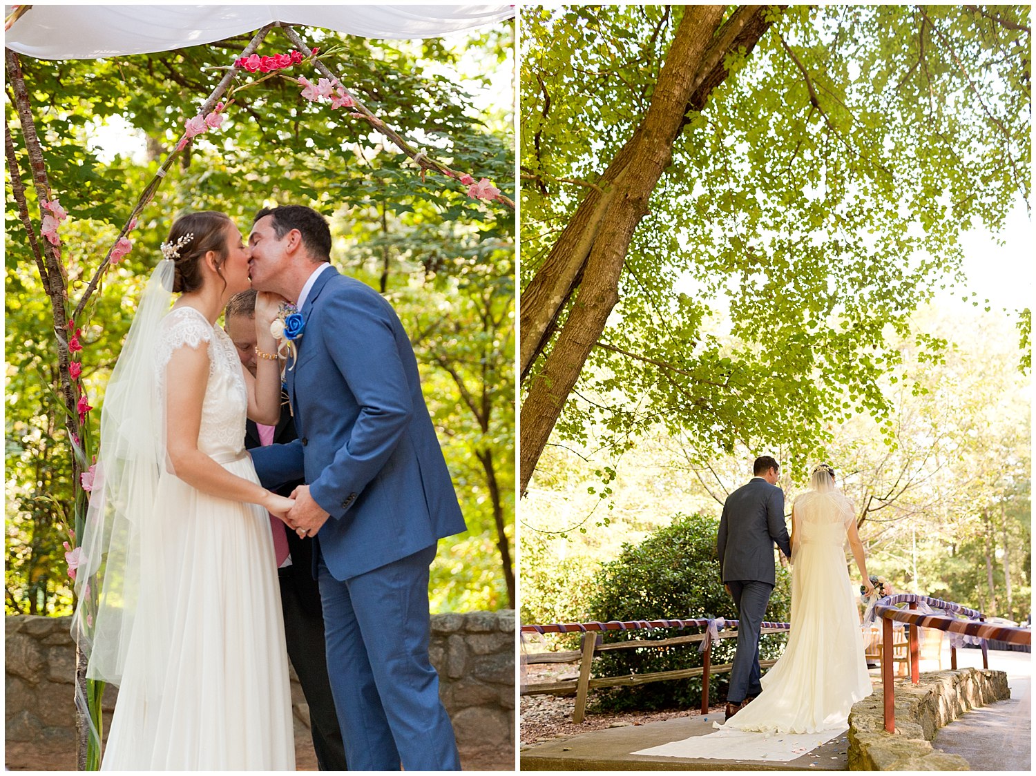 bride and groom kiss and recessional at Clemson Outdoor Lab