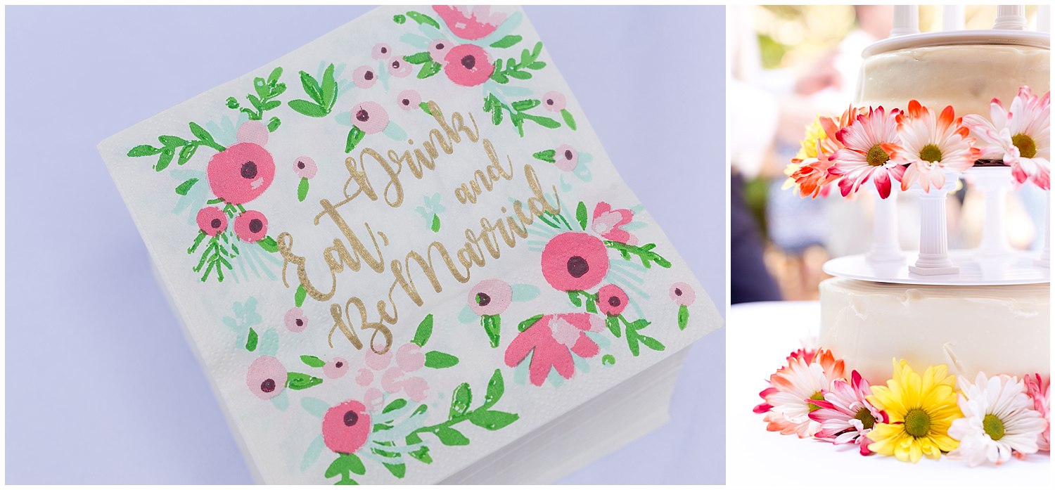 eat drink and be married napkin and cake with flowers