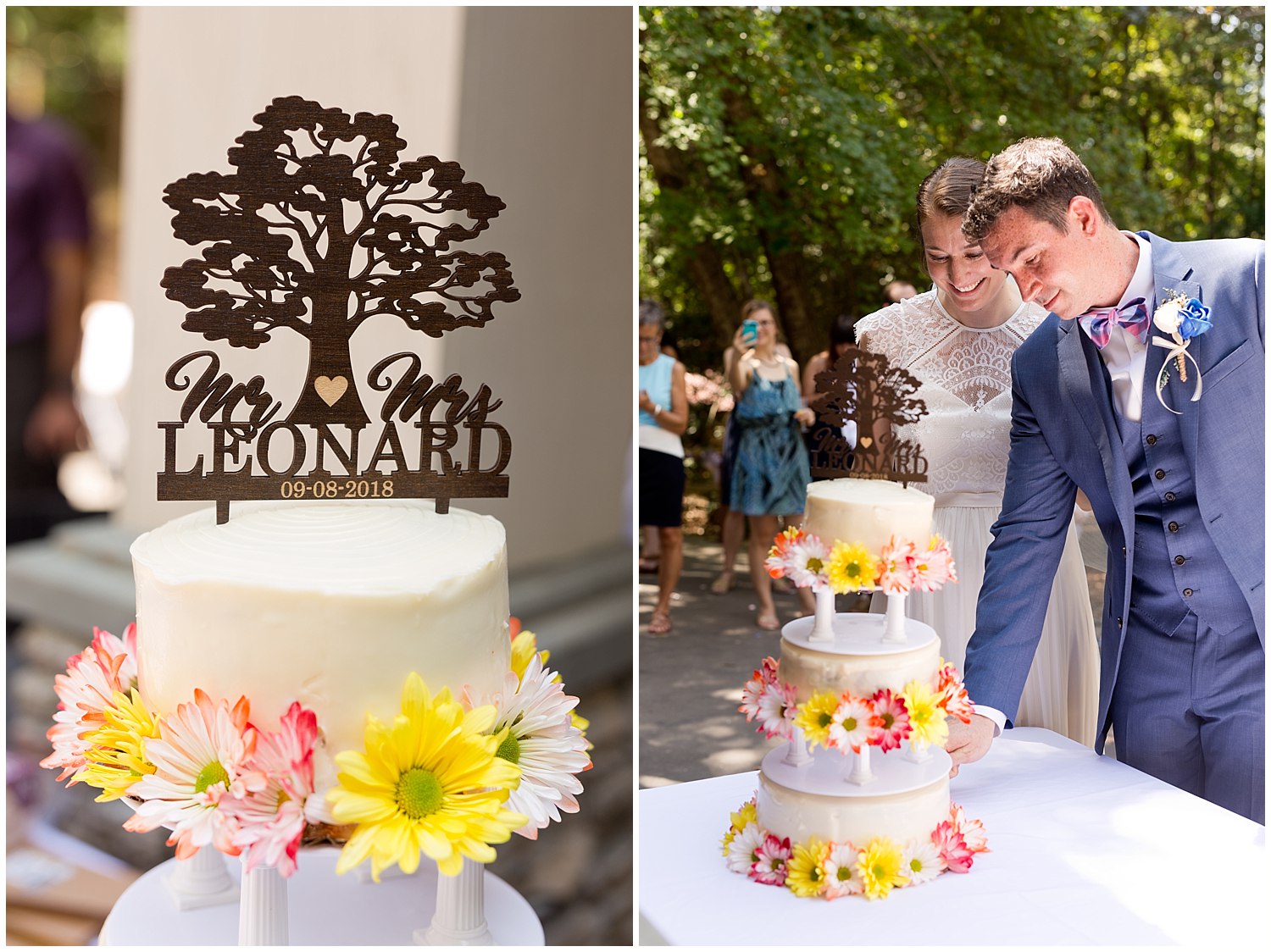 custom cake topper at outdoor wedding